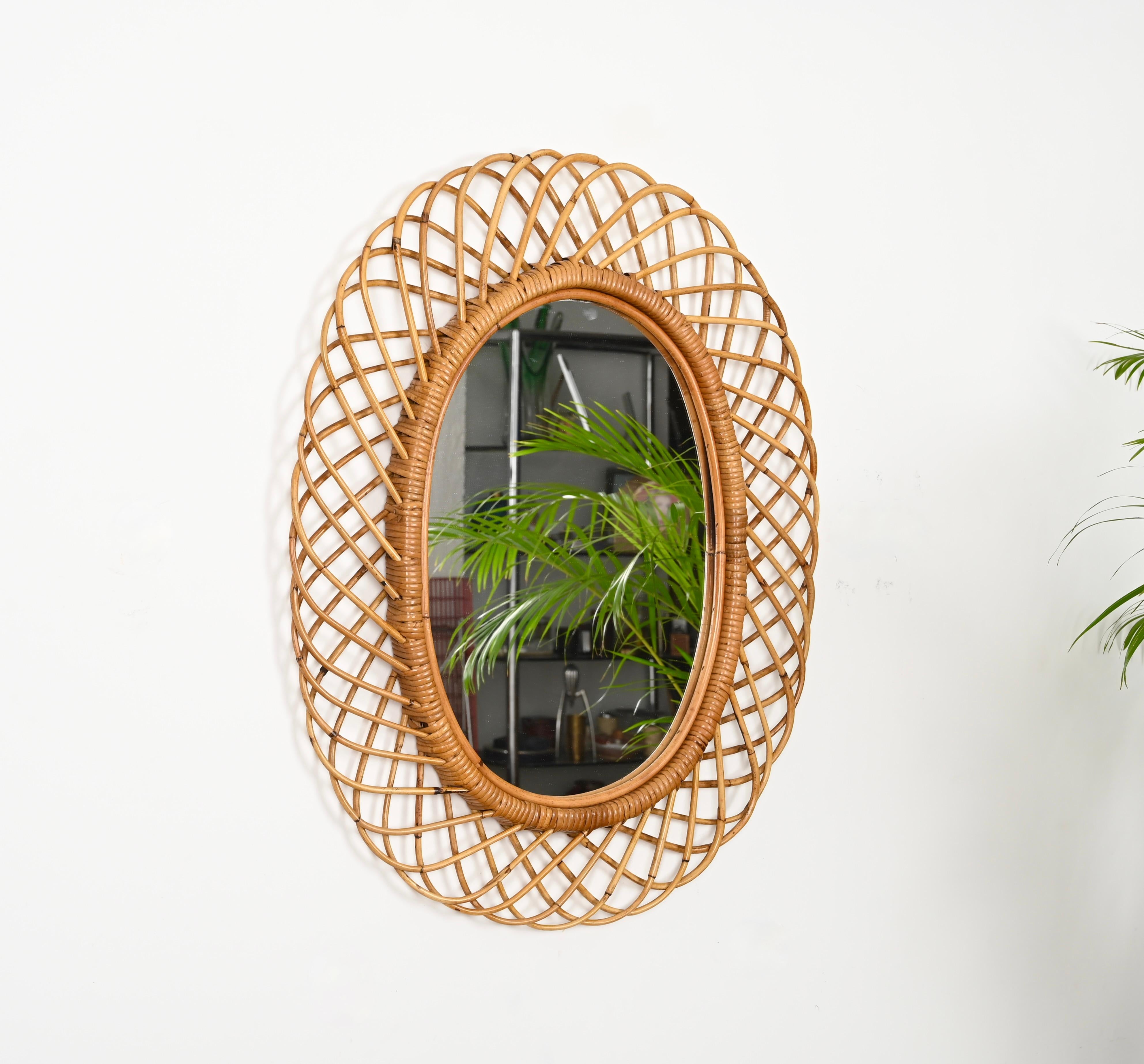 Mid-Century Modern Franco Albini French Riviera Rattan and Bamboo Oval Mirror, Italy 1960s For Sale