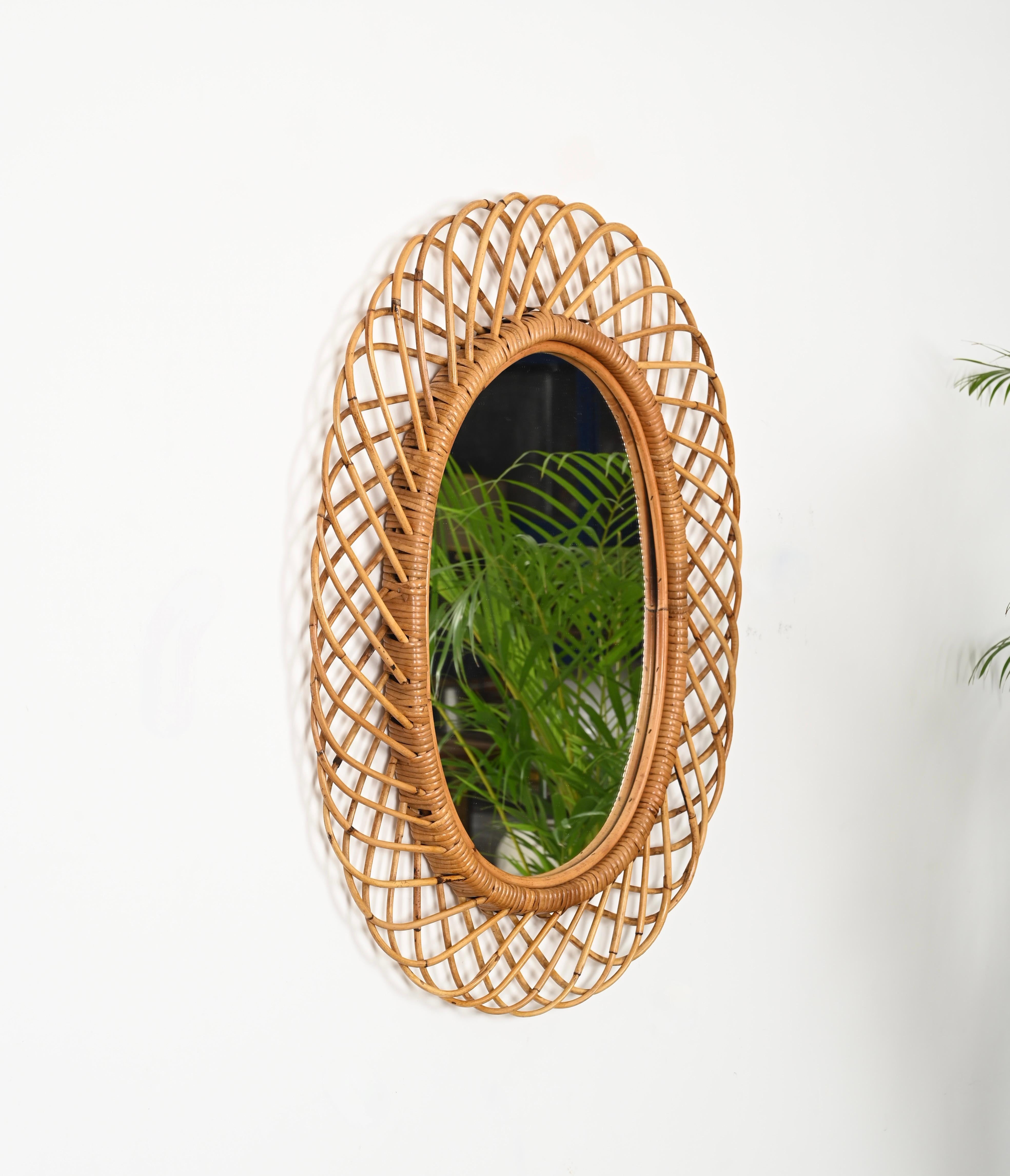 Italian Franco Albini French Riviera Rattan and Bamboo Oval Mirror, Italy 1960s For Sale