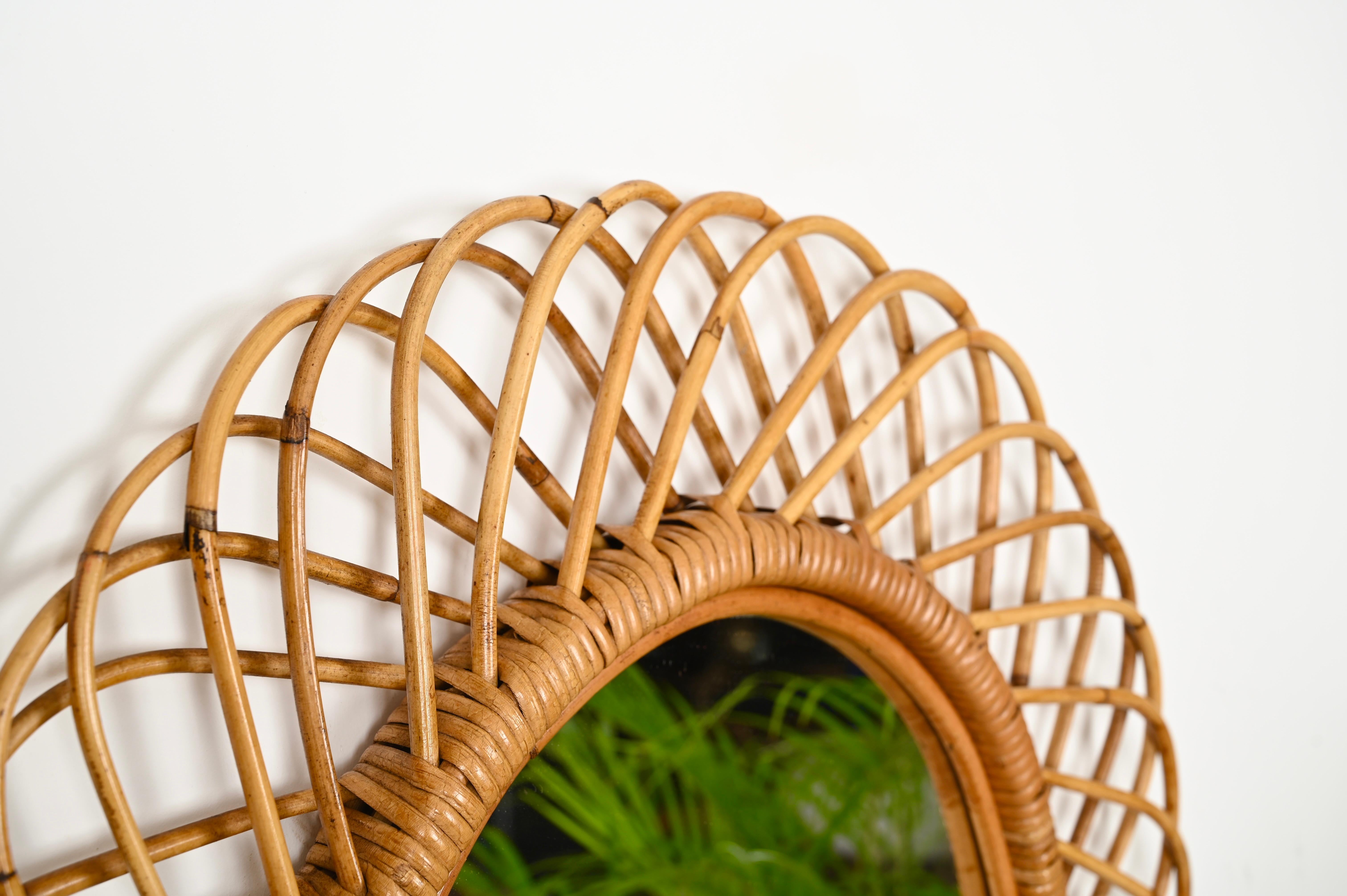 Hand-Crafted Franco Albini French Riviera Rattan and Bamboo Oval Mirror, Italy 1960s For Sale