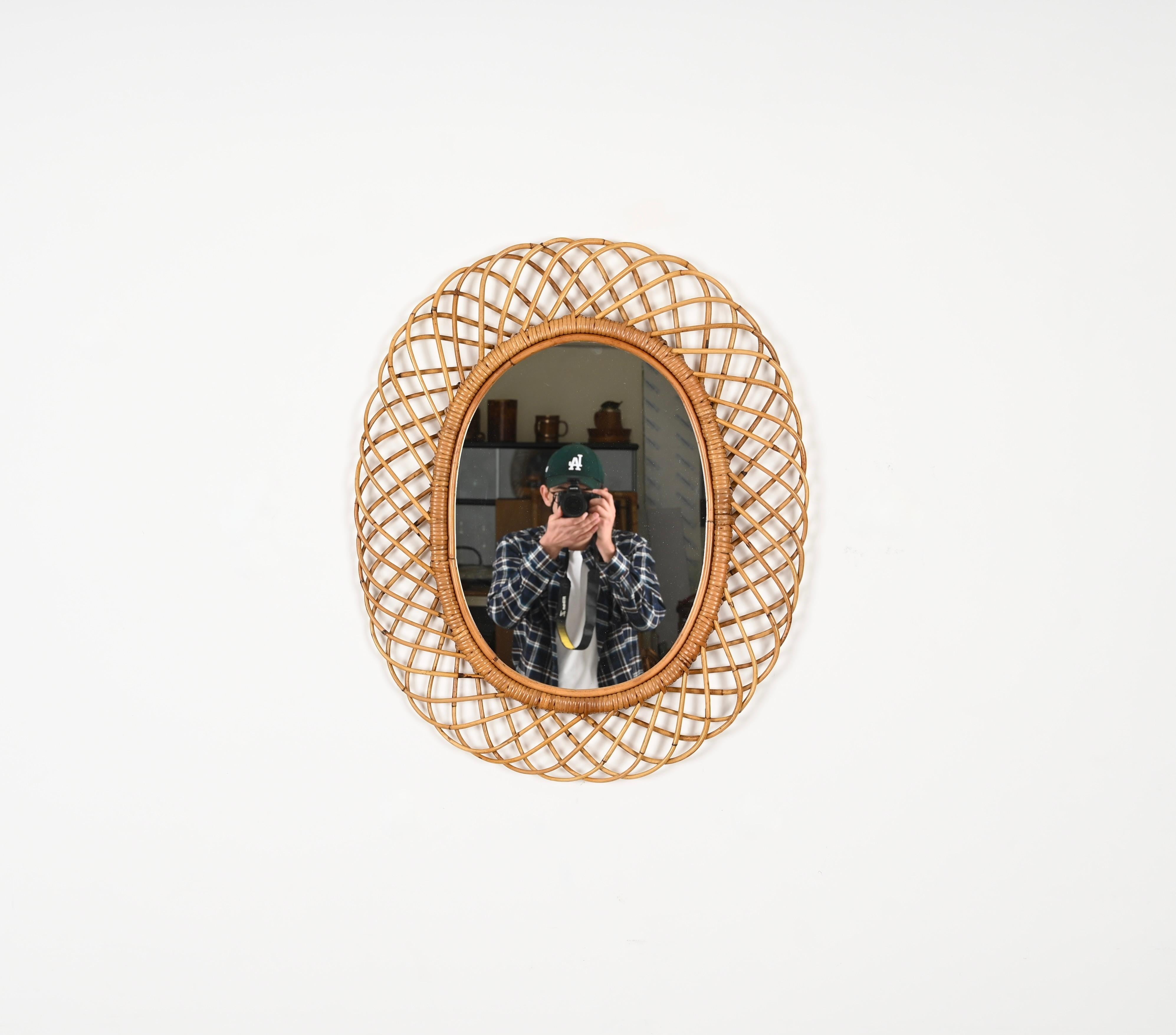 Mid-20th Century Franco Albini French Riviera Rattan and Bamboo Oval Mirror, Italy 1960s For Sale