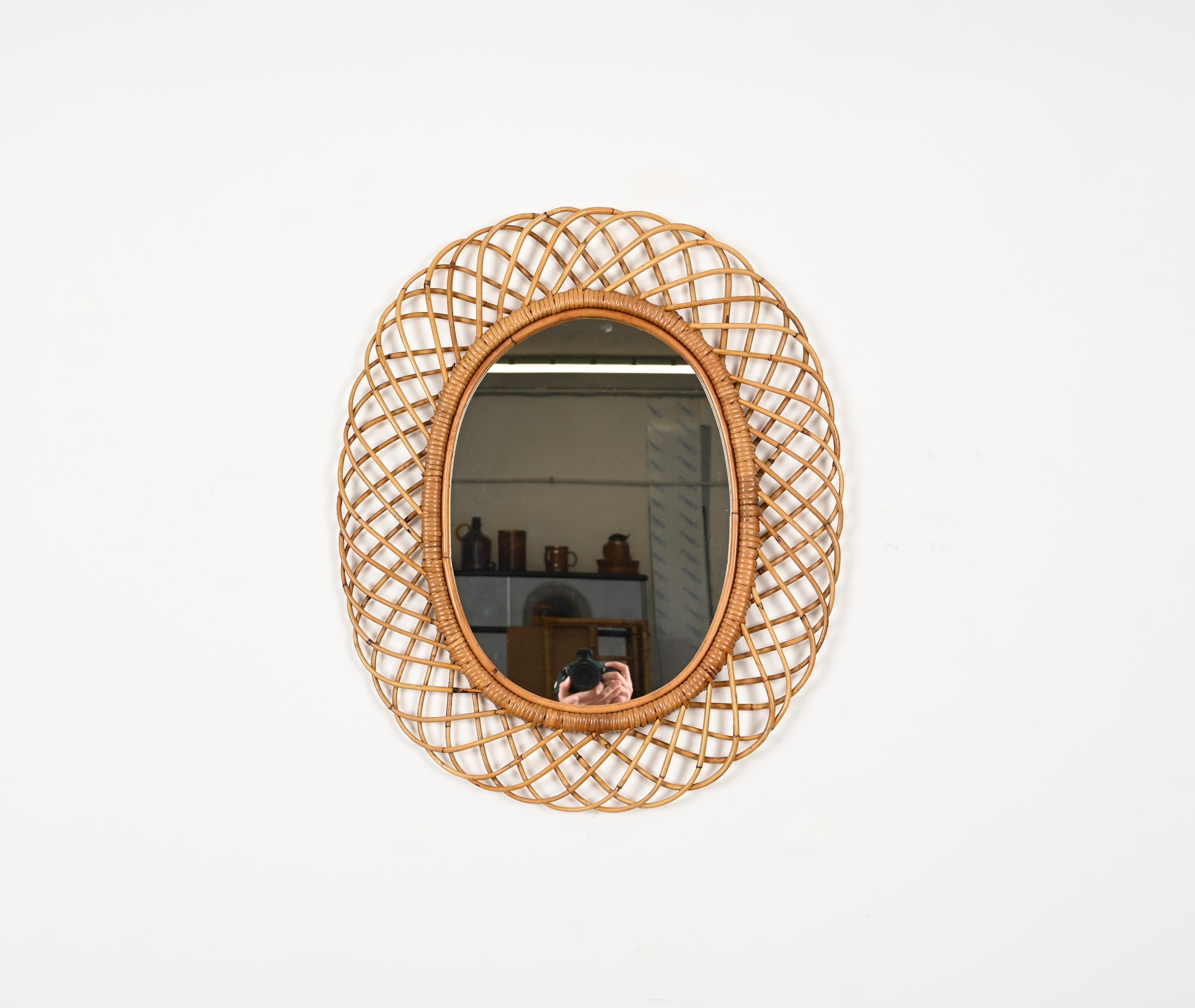 Franco Albini French Riviera Rattan and Bamboo Oval Mirror, Italy 1960s For Sale 1