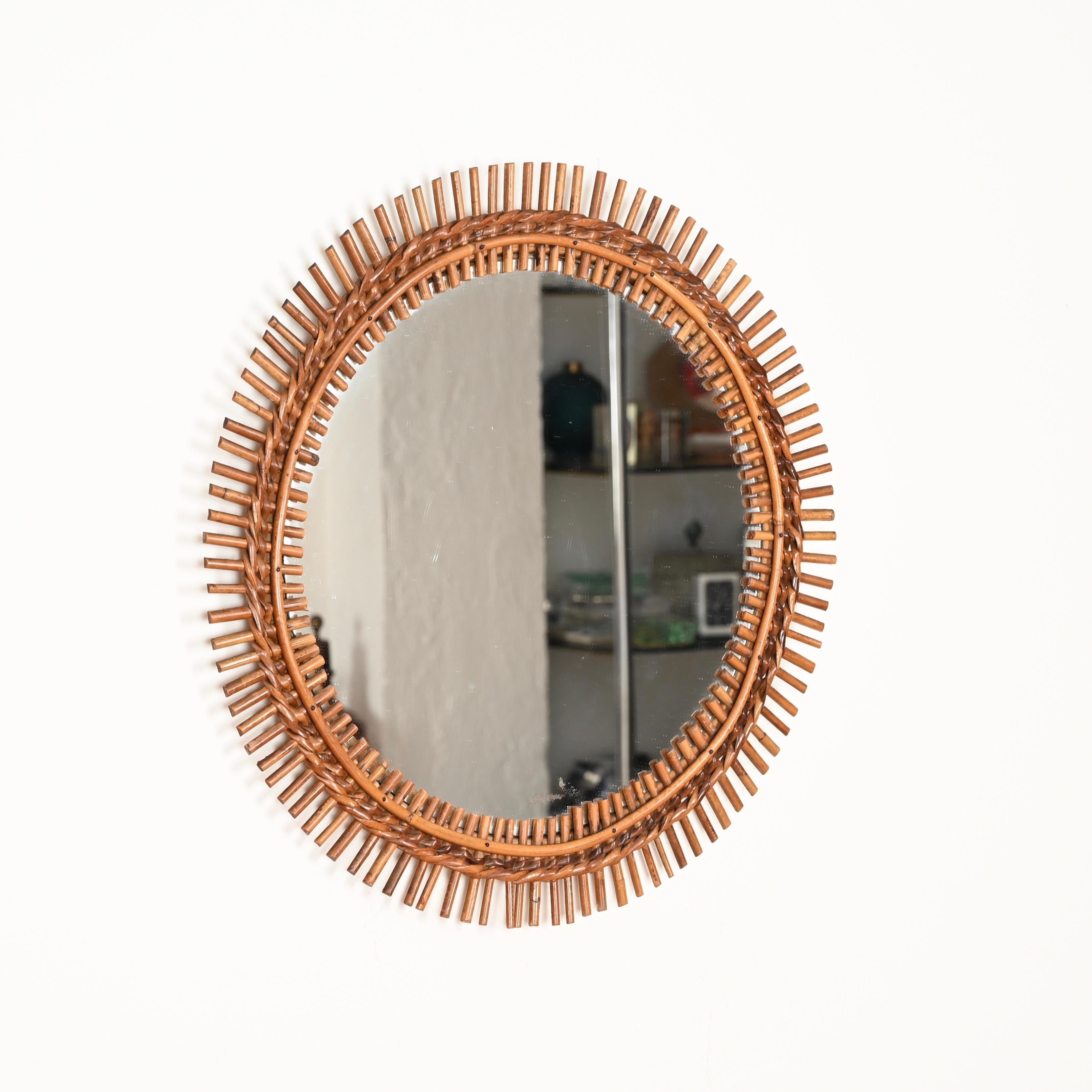 Fait main Franco Albini Miroir rond de la Côte d'Azur en bambou, rotin et osier, Italie, années 1960 en vente