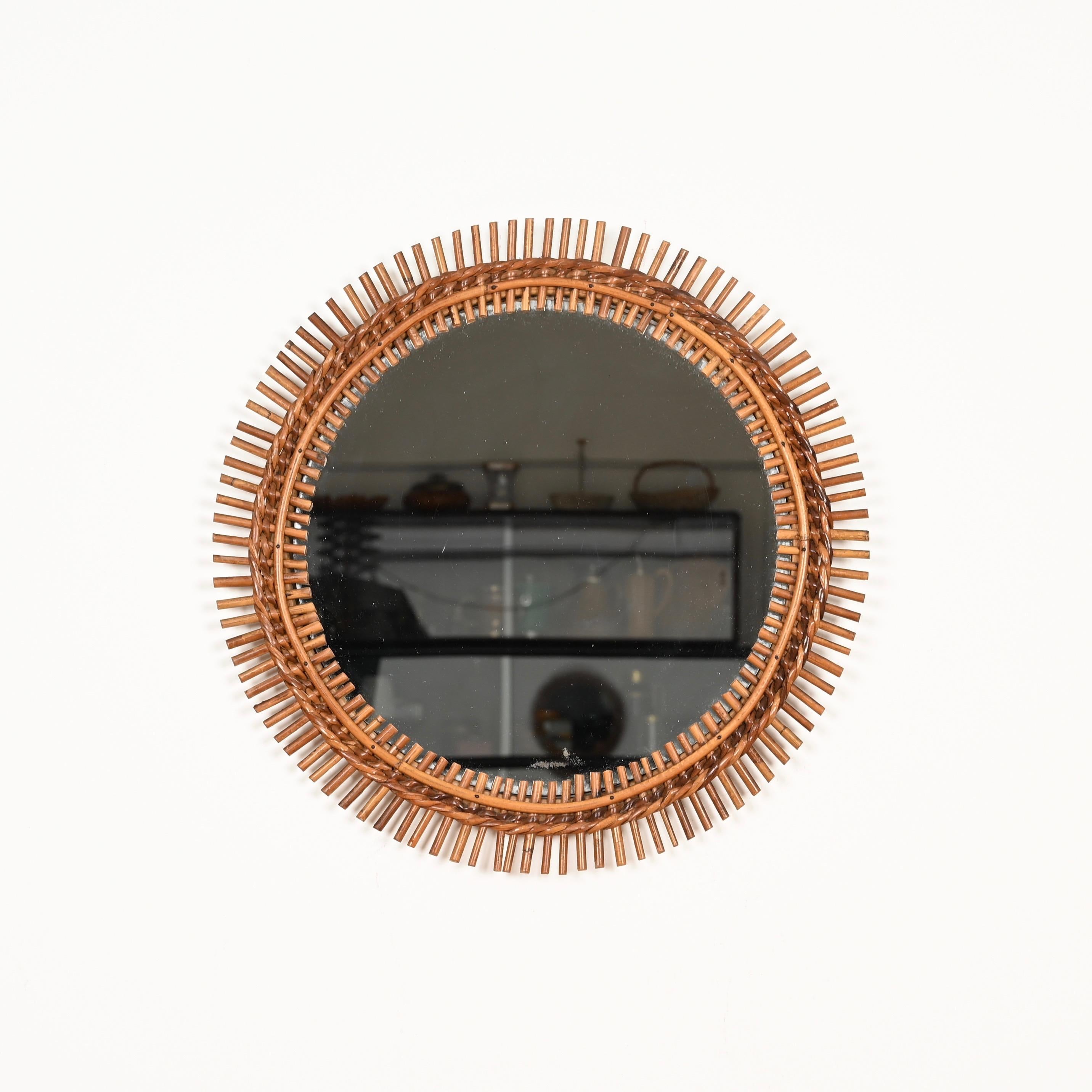 Milieu du XXe siècle Franco Albini Miroir rond de la Côte d'Azur en bambou, rotin et osier, Italie, années 1960 en vente