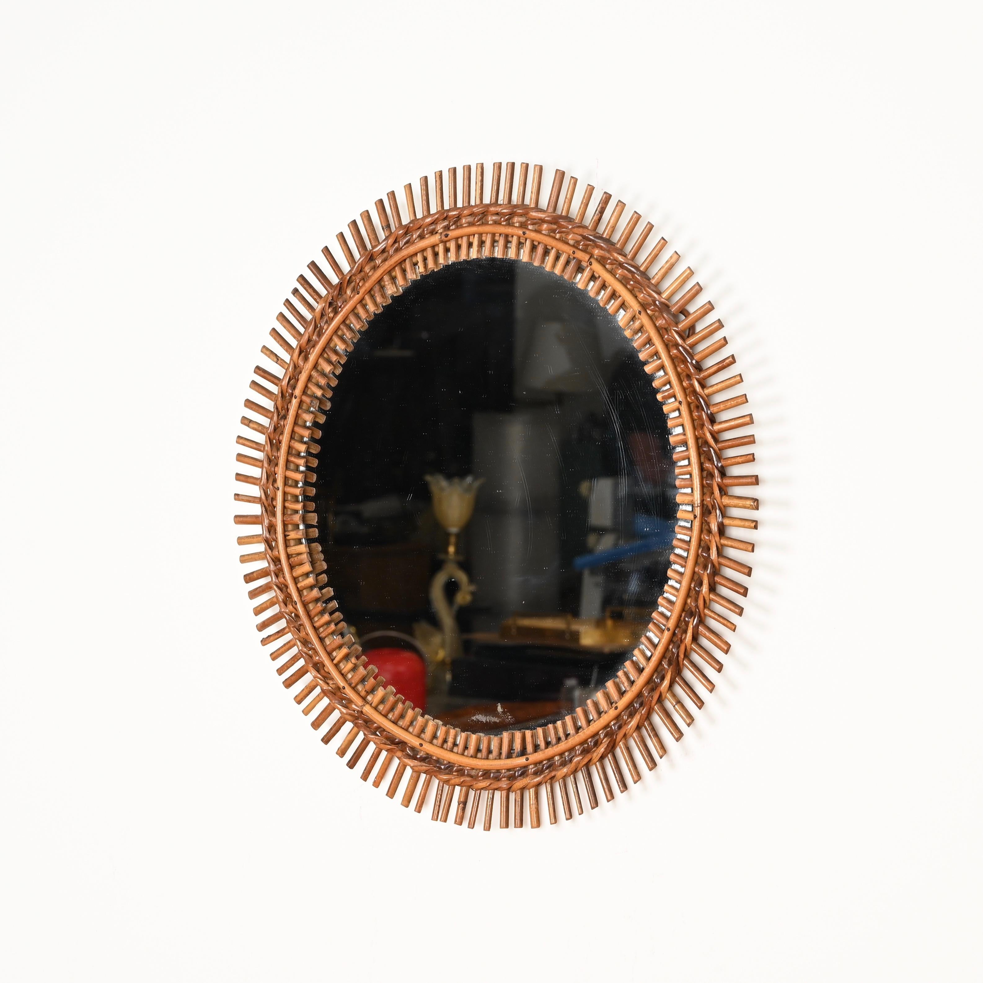 Bambou Franco Albini Miroir rond de la Côte d'Azur en bambou, rotin et osier, Italie, années 1960 en vente