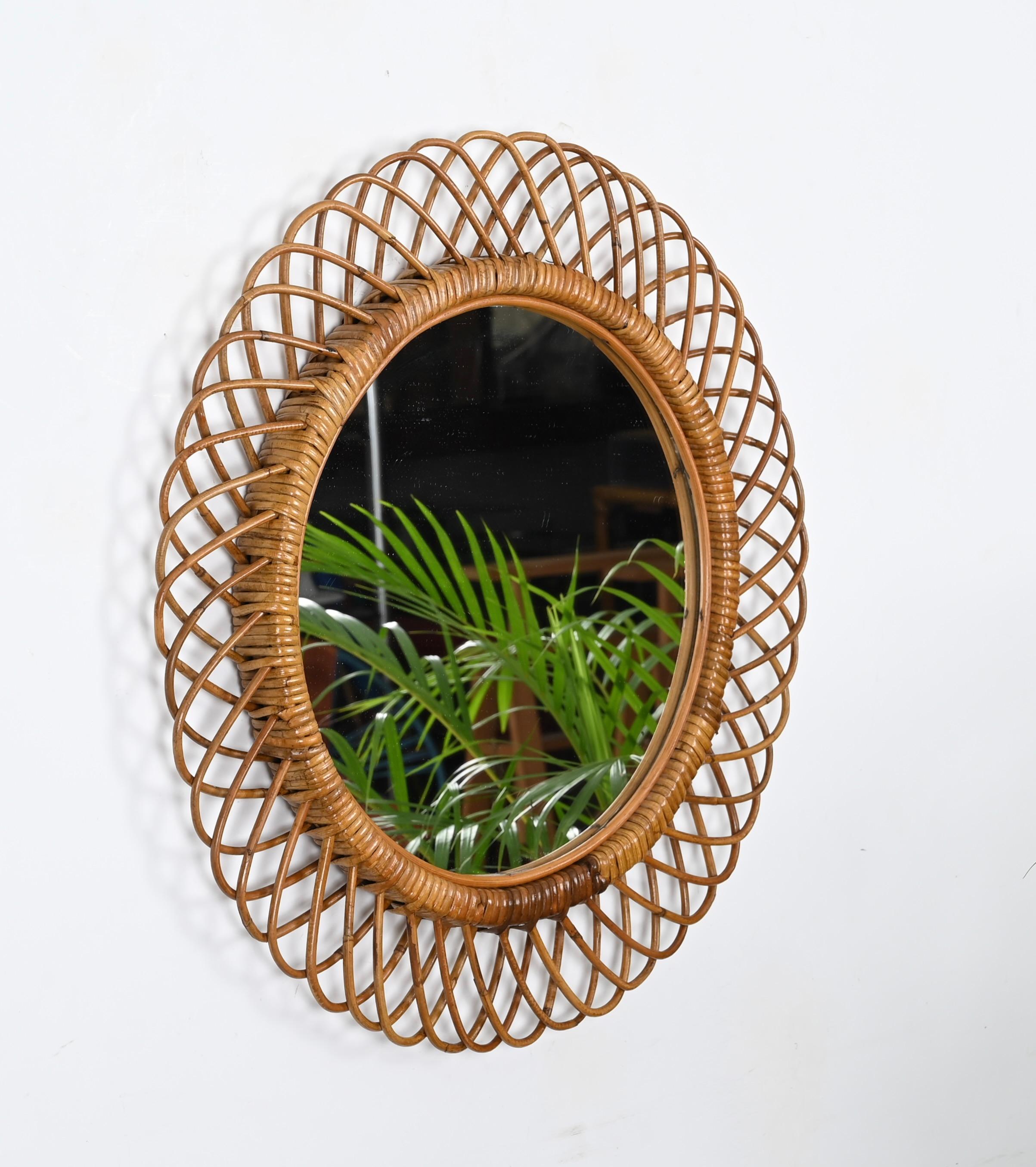 Mid-Century Modern Franco Albini French Riviera Round Mirror in Rattan and Wicker, Italy 1960s For Sale