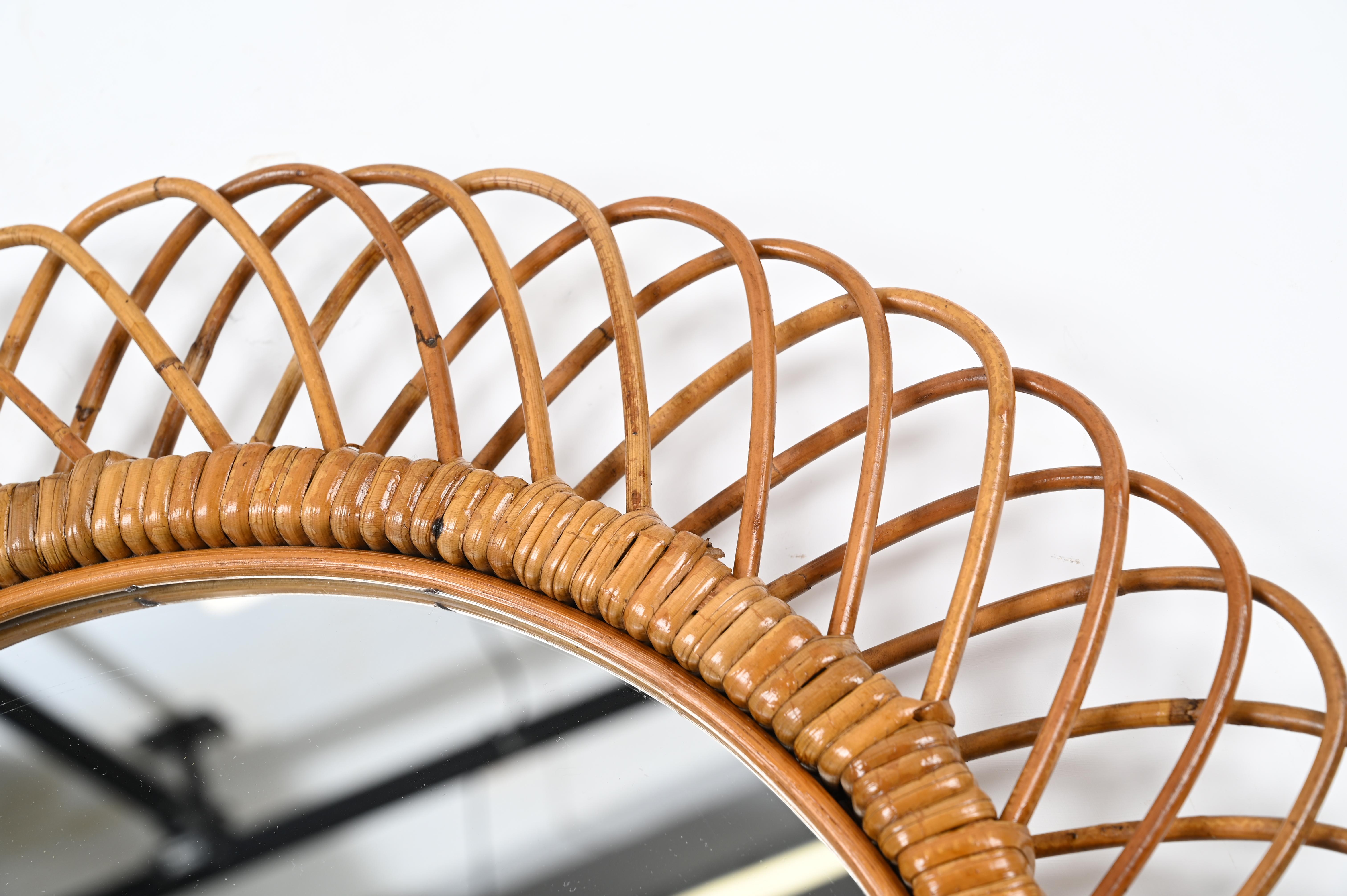 Hand-Woven Franco Albini French Riviera Round Mirror in Rattan and Wicker, Italy 1960s For Sale