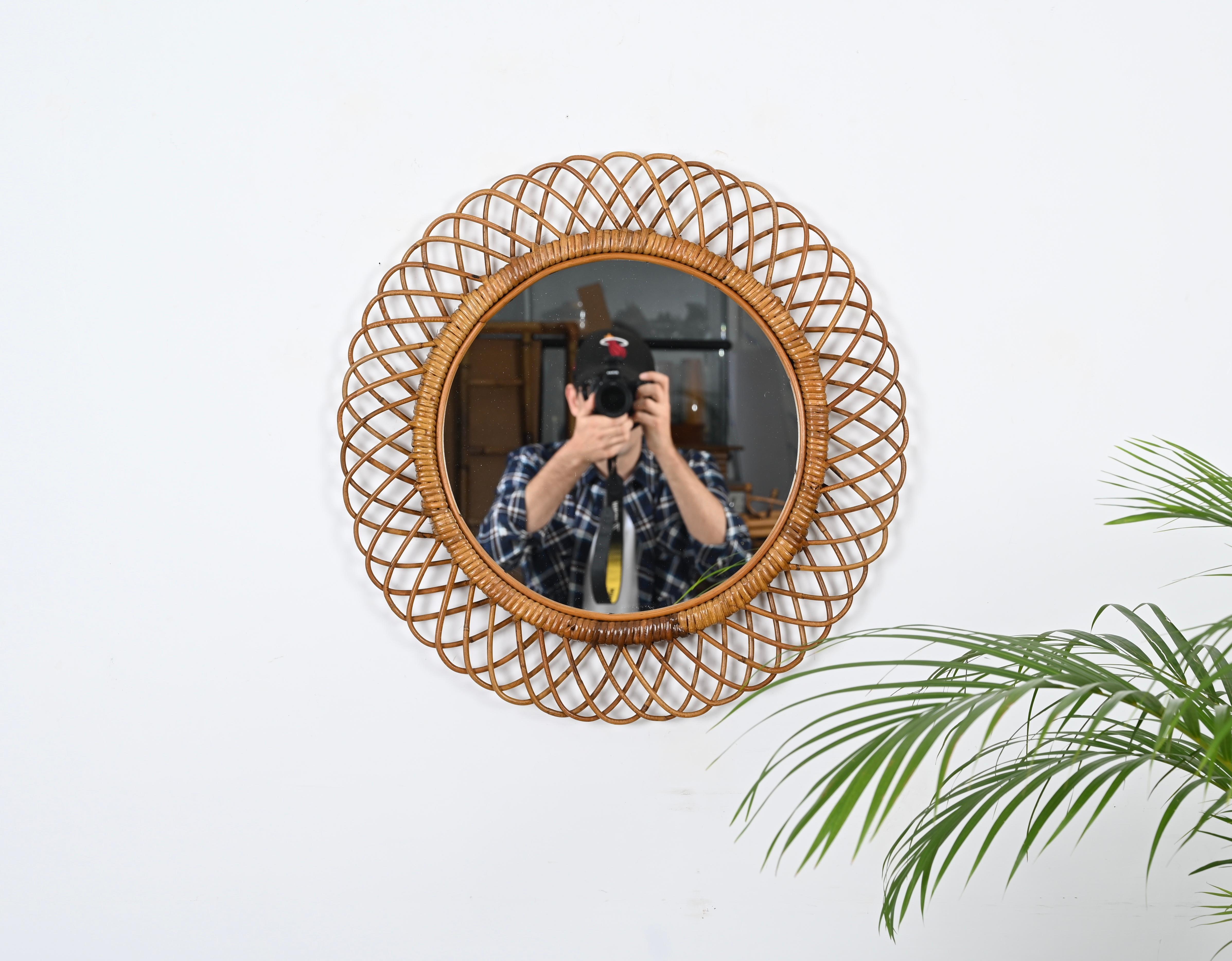 Franco Albini French Riviera Round Mirror in Rattan and Wicker, Italy 1960s In Good Condition For Sale In Roma, IT