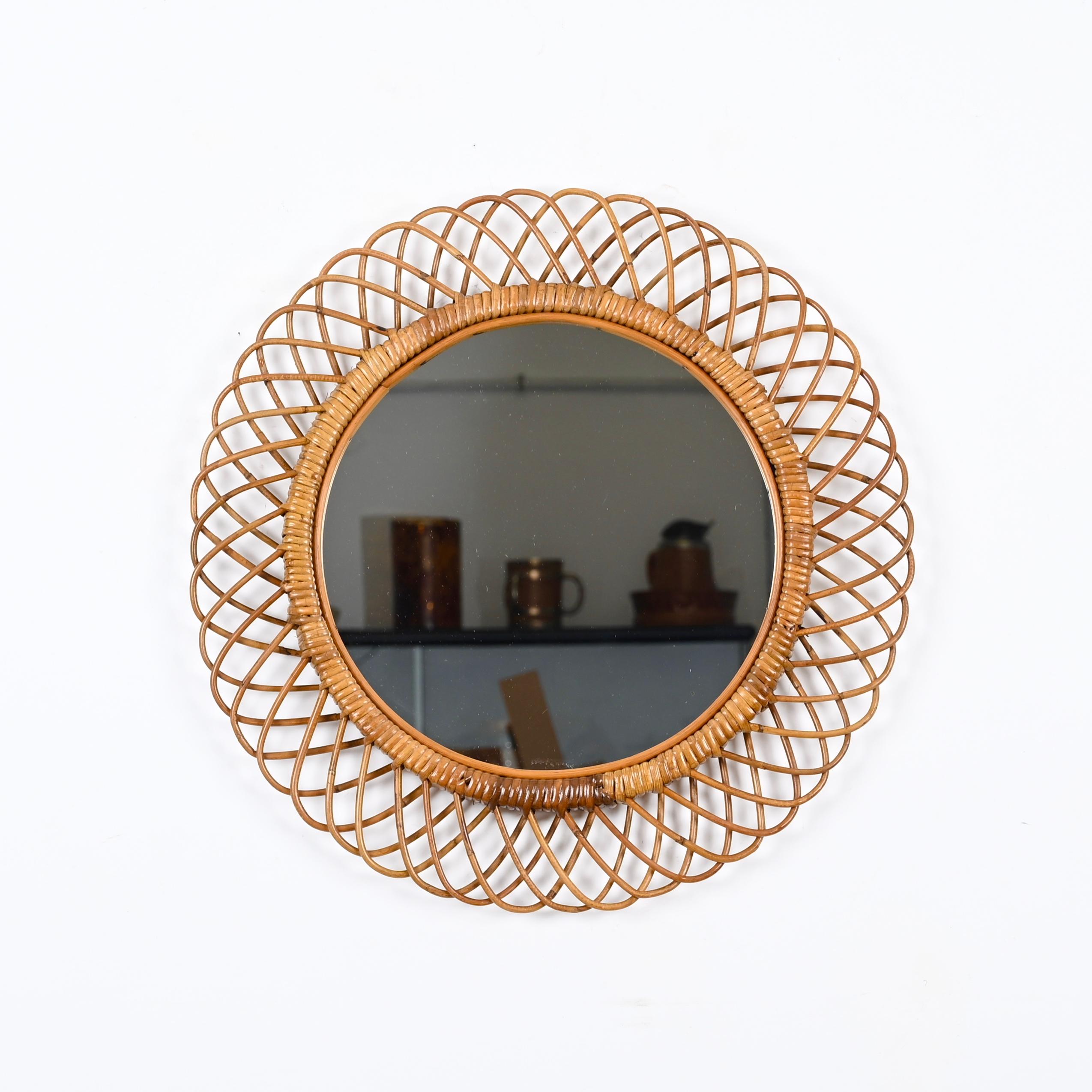 Mid-20th Century Franco Albini French Riviera Round Mirror in Rattan and Wicker, Italy 1960s For Sale