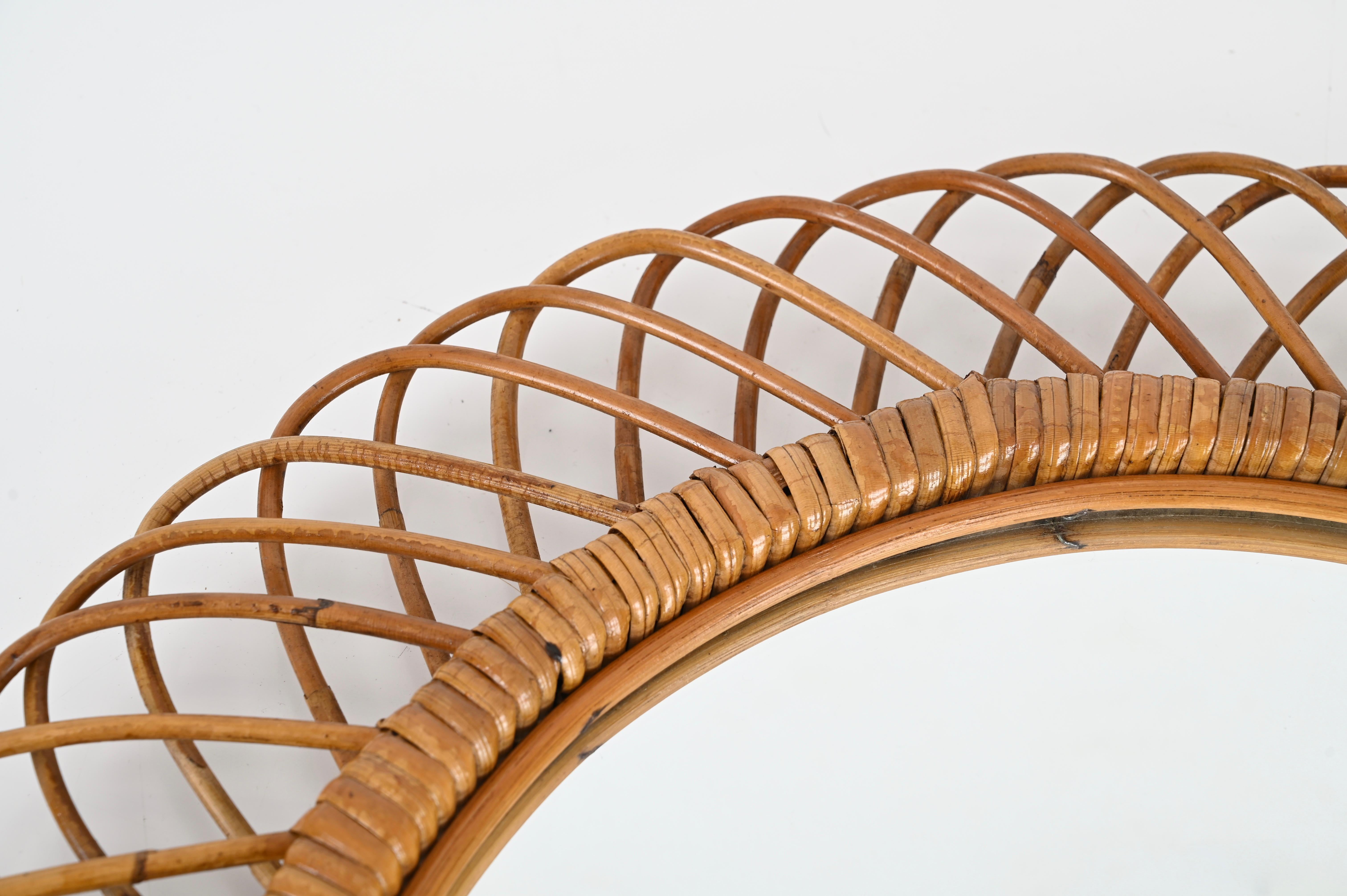 Bambù Specchio rotondo in rattan e vimini Franco Albini French Riviera, Italia anni '60 in vendita