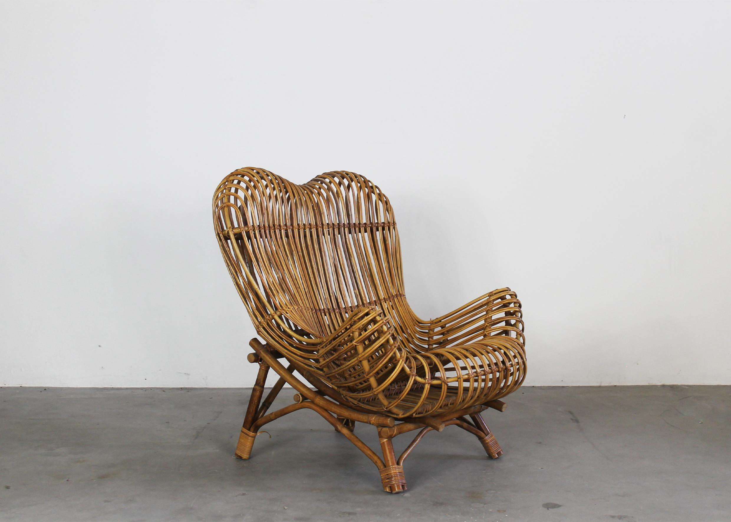 Canna Franco Albini Poltrona Gala in giunco e canna di rattan di Bonacina 1951