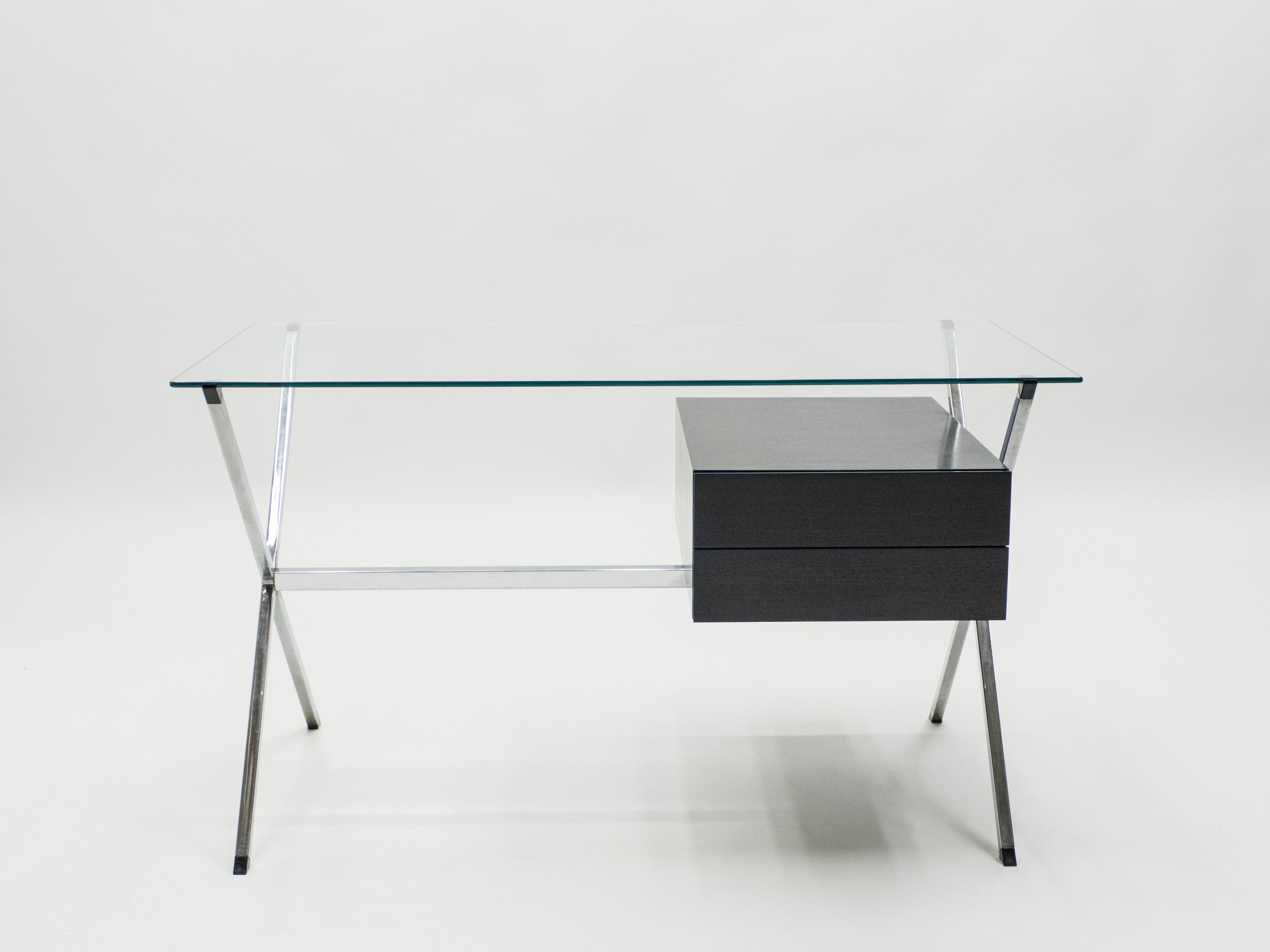 Franco Albini Glass Wood Chrome Desk for Knoll International, 1950 In Good Condition In Paris, IDF