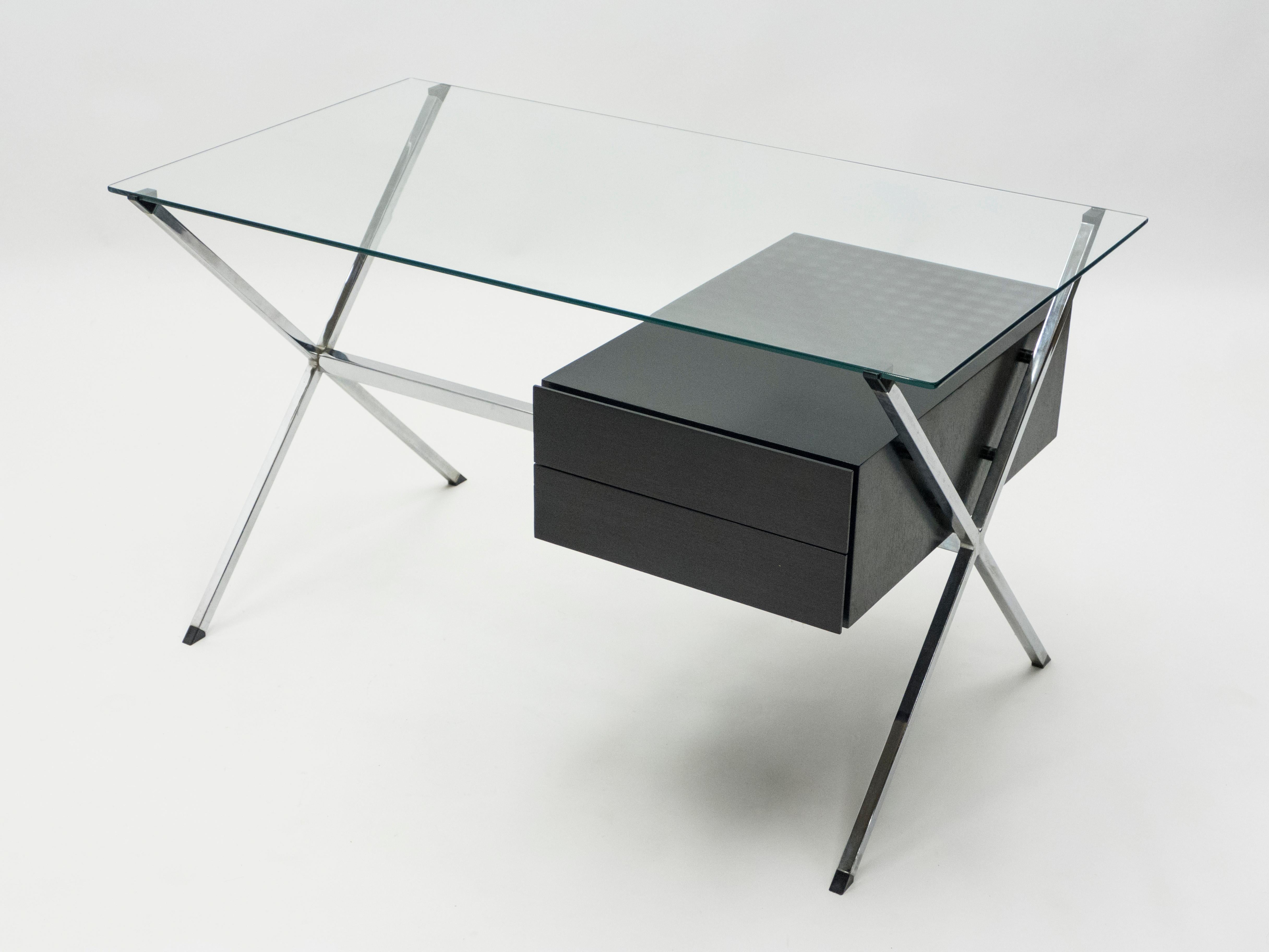 Italian Franco Albini Glass Wood Chrome Desk for Knoll International, 1950