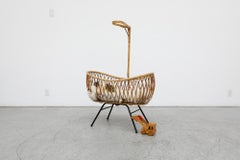 Franco Albini Inspired Mid-Century Bamboo Baby Bassinet with wire frame