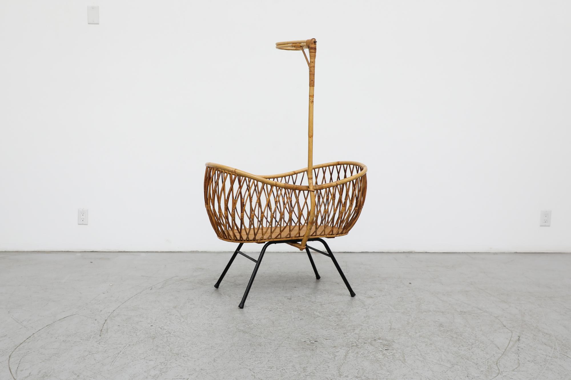 Enameled Franco Albini Inspired Mid-Century Bamboo Baby Bassinet with wire frame