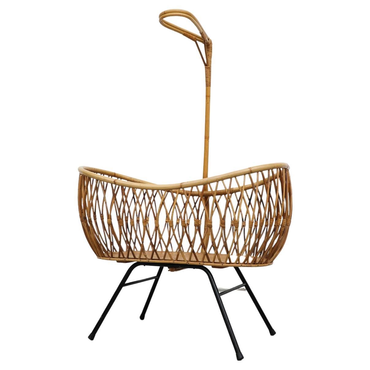 Franco Albini Inspired Mid-Century Bamboo Baby Bassinet with wire frame