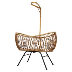 Vintage Franco Albini Inspired Mid-Century Bamboo Baby Bassinet with wire frame