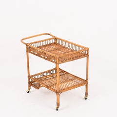 Franco Albini Italian Bamboo, Rattan and Wicker Serving Bar Cart, Italy 1960s