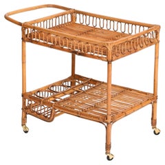 Franco Albini Italian Bamboo, Rattan and Wicker Serving Bar Cart, Italy 1960s