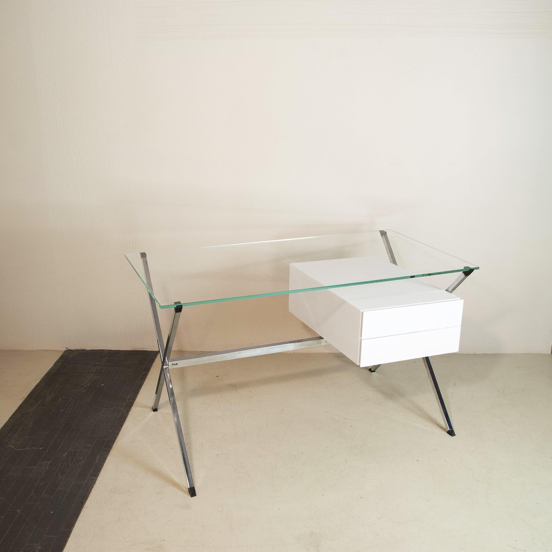 Stickers.Stunning Franco Albini '1928' desk for Knoll international, this example 1958. A pebbled glass top and stunning patina really take this piece to a whole new level. The enameled metal frame shows gorgeous age accumulated patina. The wood