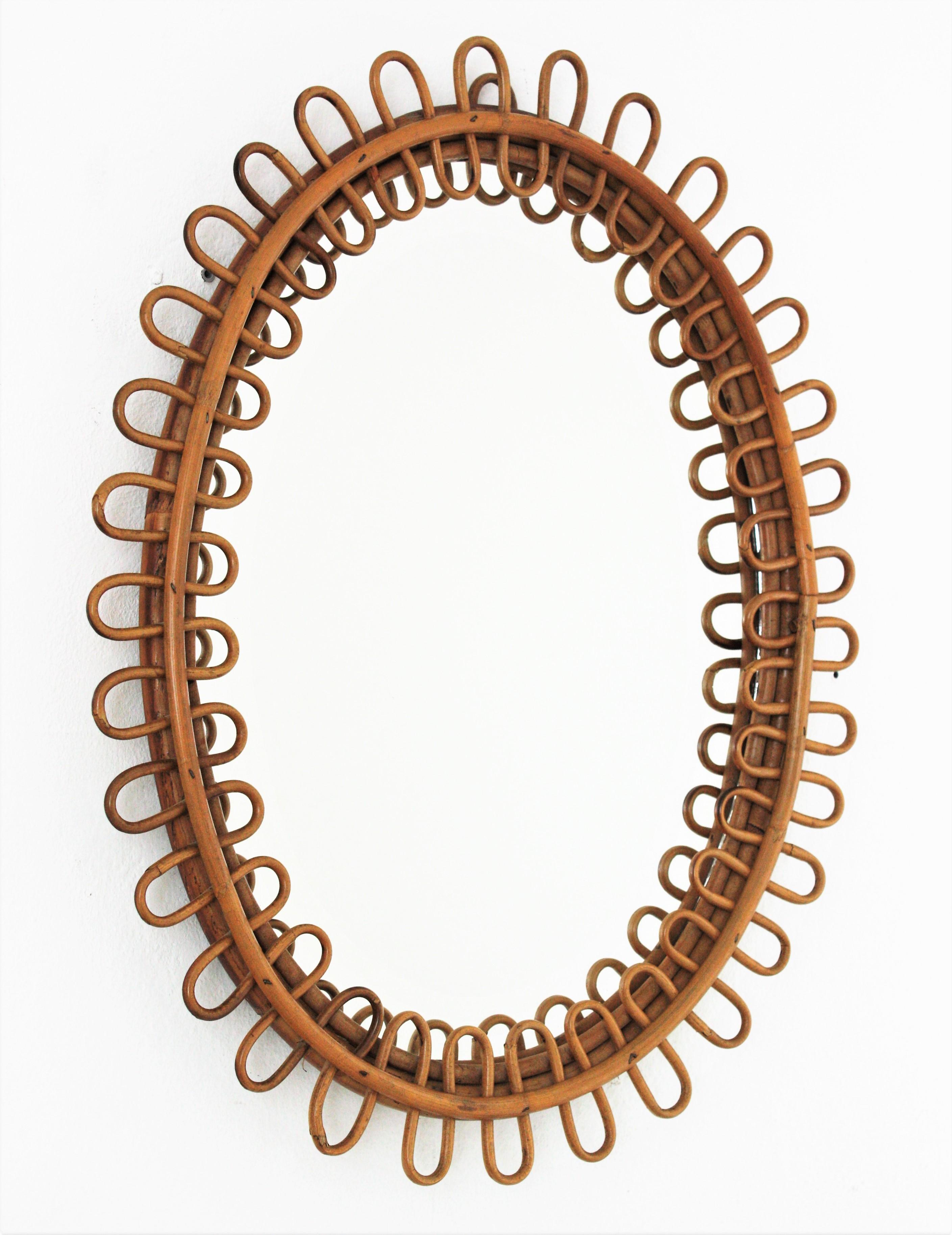Mid-Century Modern Miroir ovale moderne italien en rotin et bambou Franco Albini