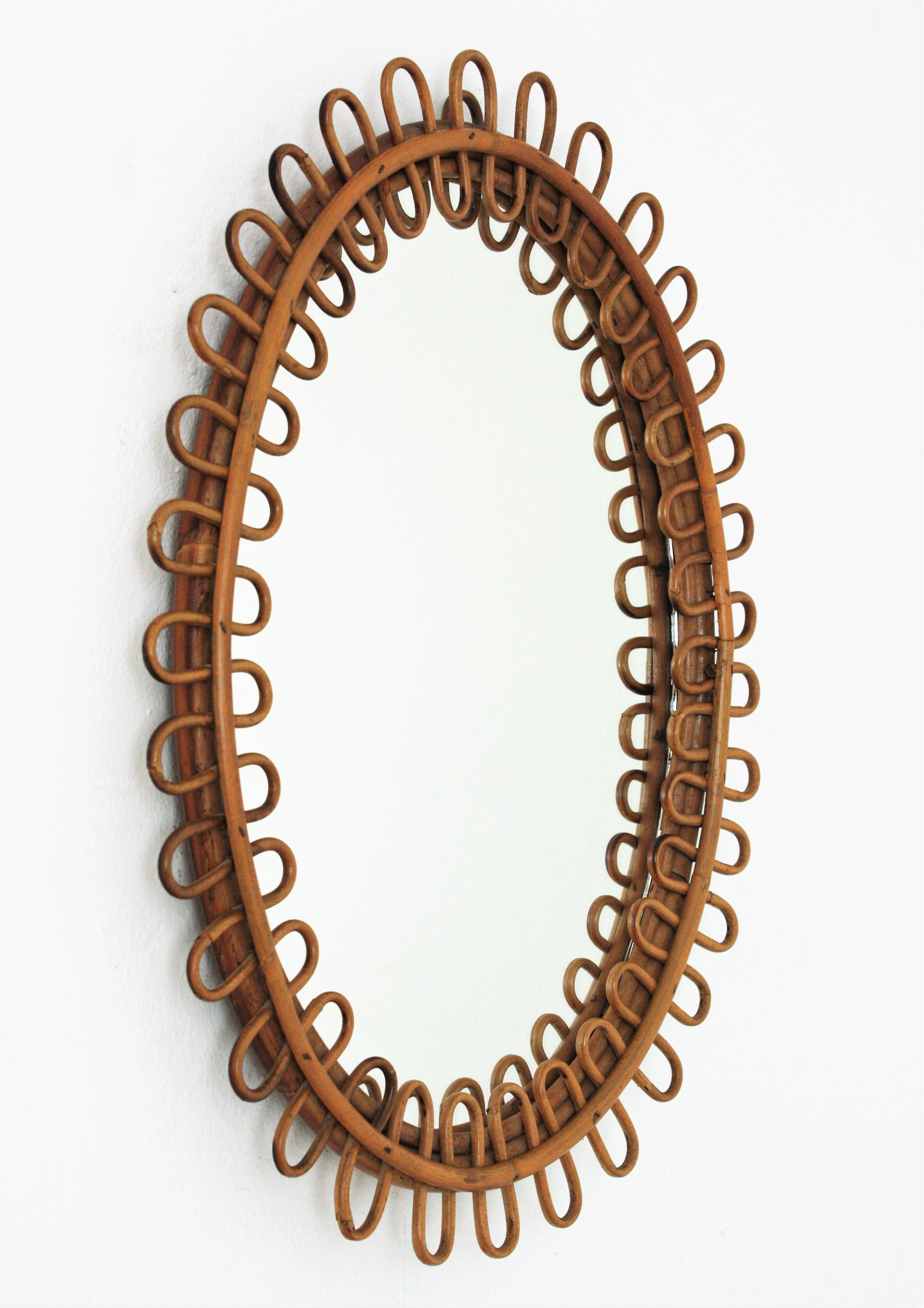 Fait main Miroir ovale moderne italien en rotin et bambou Franco Albini