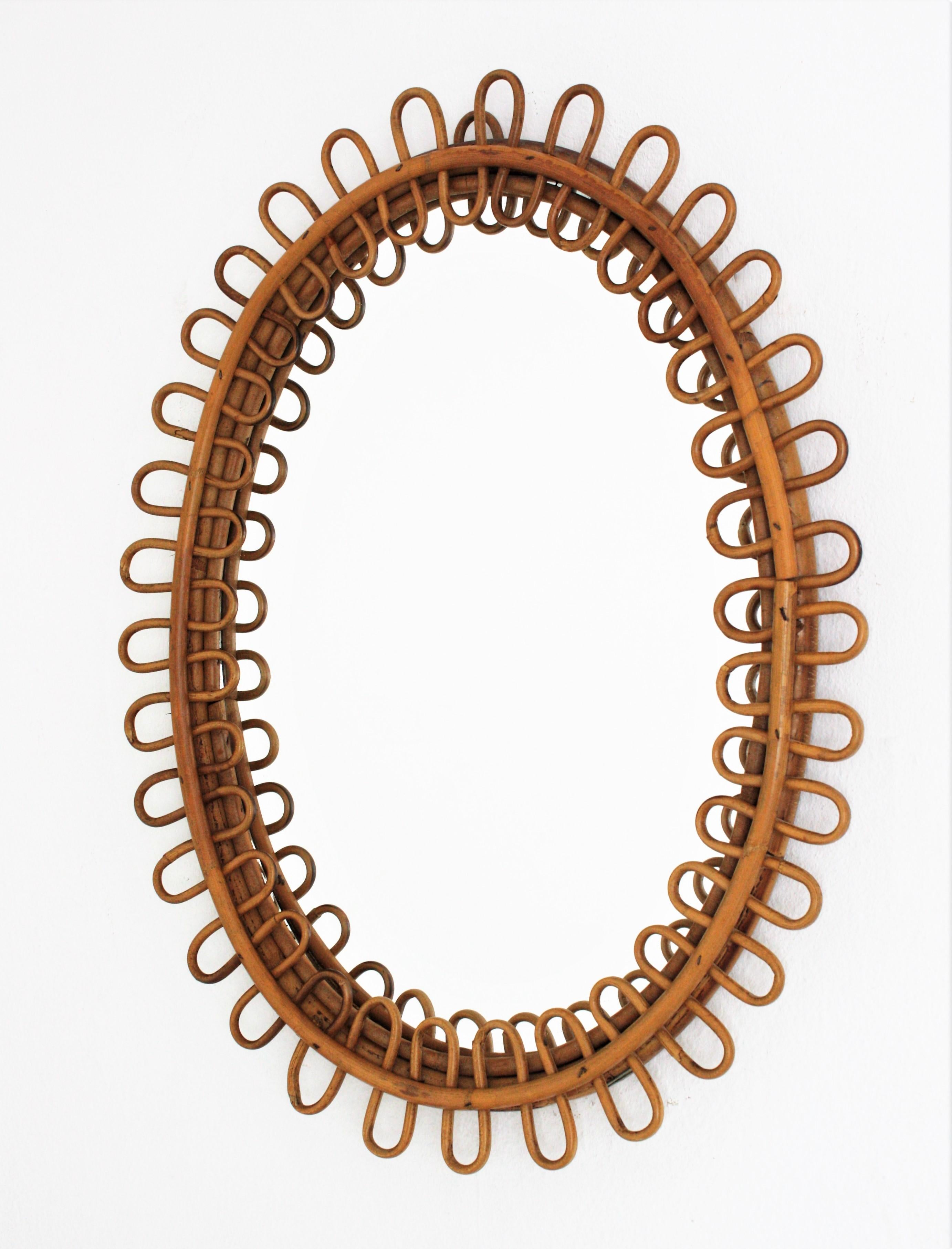Miroir ovale moderne italien en rotin et bambou Franco Albini 1