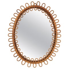 Franco Albini Italian Modern Rattan and Bamboo Oval Mirror