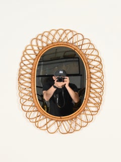 Franco Albini Large Oval Mirror in Bamboo, Rattan and Wicker, Italy, 1970s
