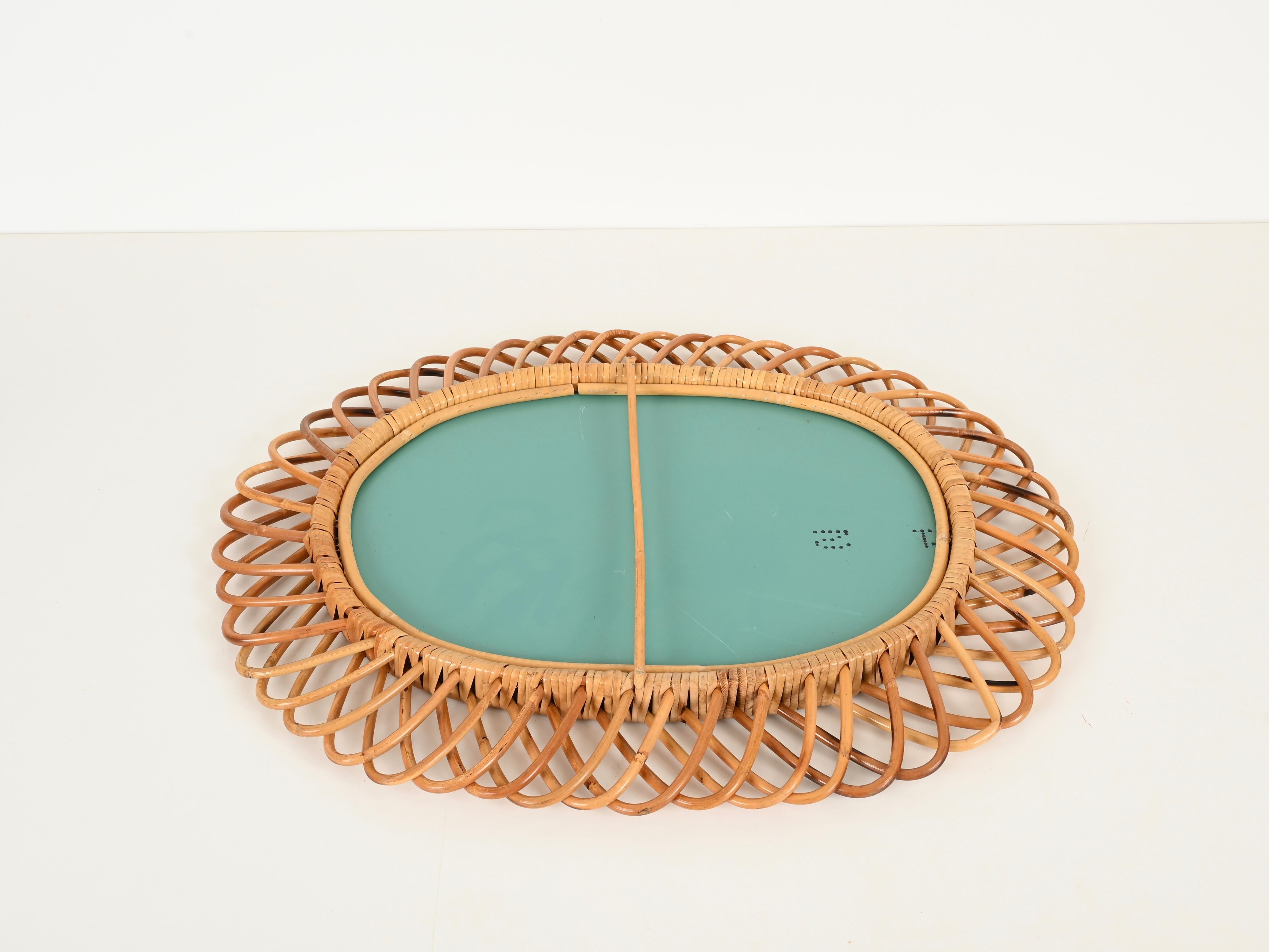 Franco Albini Grande specchio ovale in bambù, rattan e vimini, Italia anni '1970 in vendita 1