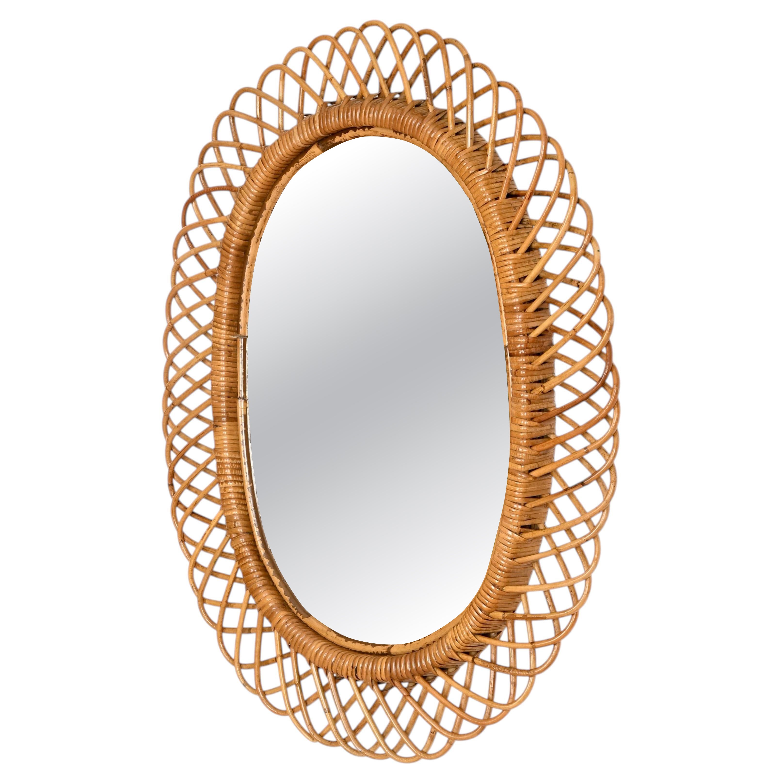 Franco Albini Large Oval Mirror in Bamboo, Rattan and Wicker, Italy, 1970s