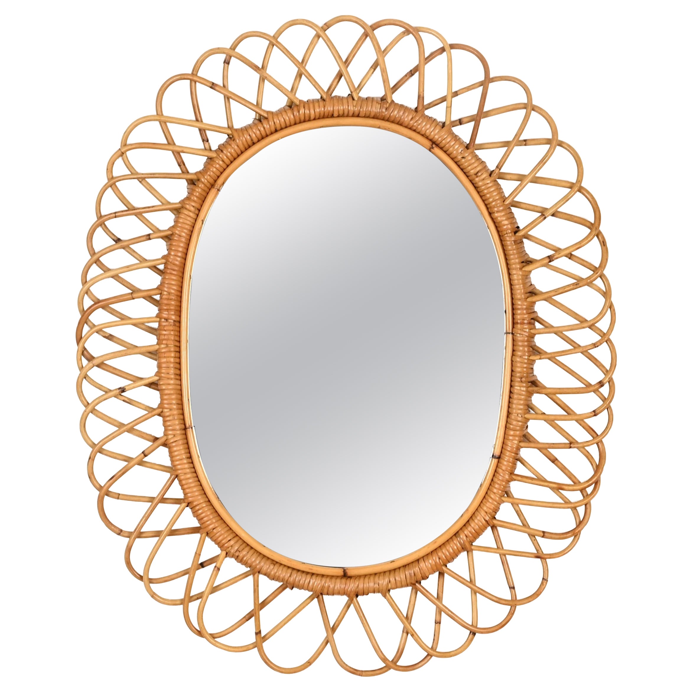 Franco Albini Large Oval Mirror in Bamboo, Rattan and Wicker, Italy, 1970s For Sale