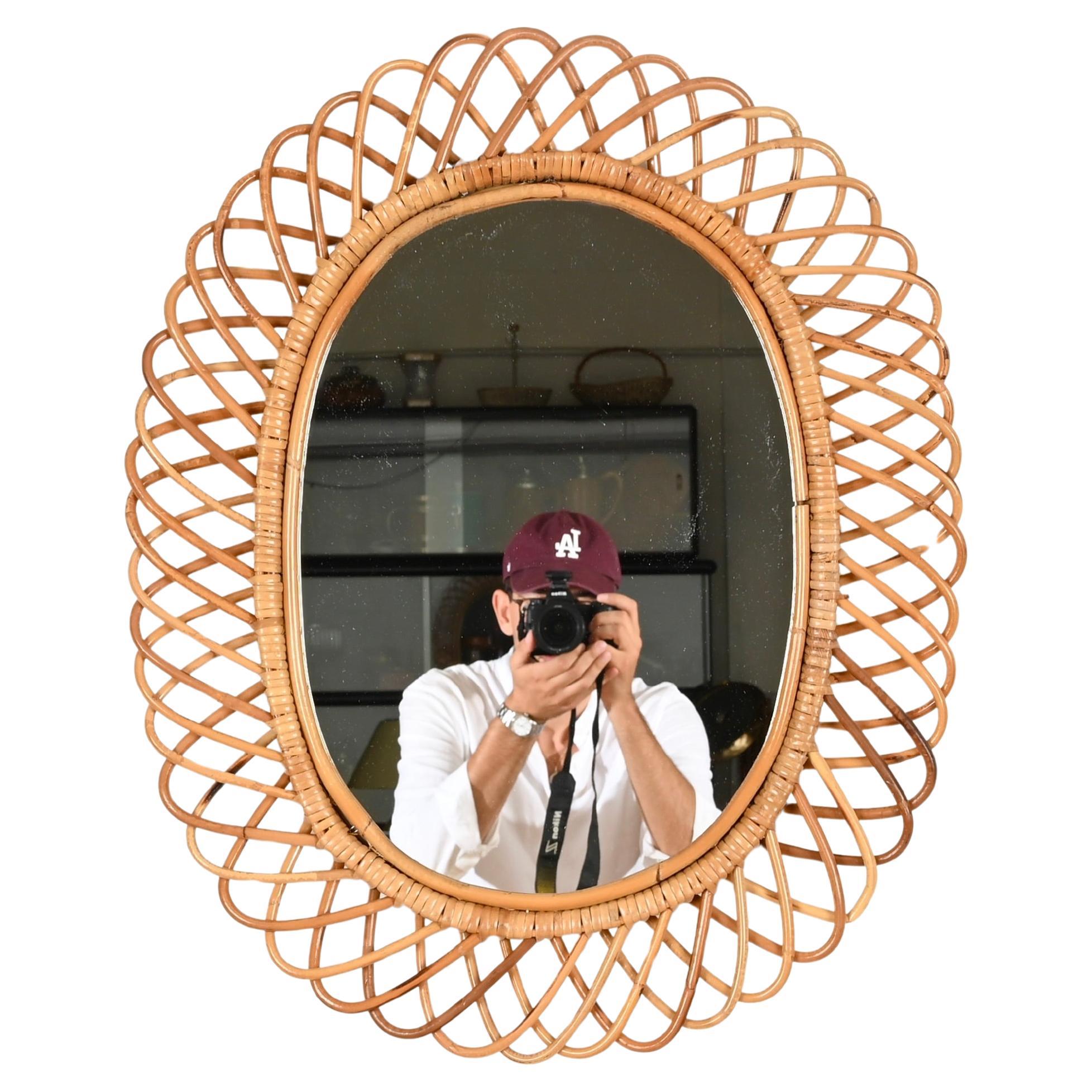 Franco Albini Grande specchio ovale in bambù, rattan e vimini, Italia anni '1970
