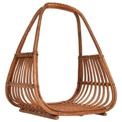 Franco Albini Leather Rattan Basket Italian Magazine Holder Rack  - 1960s Italy