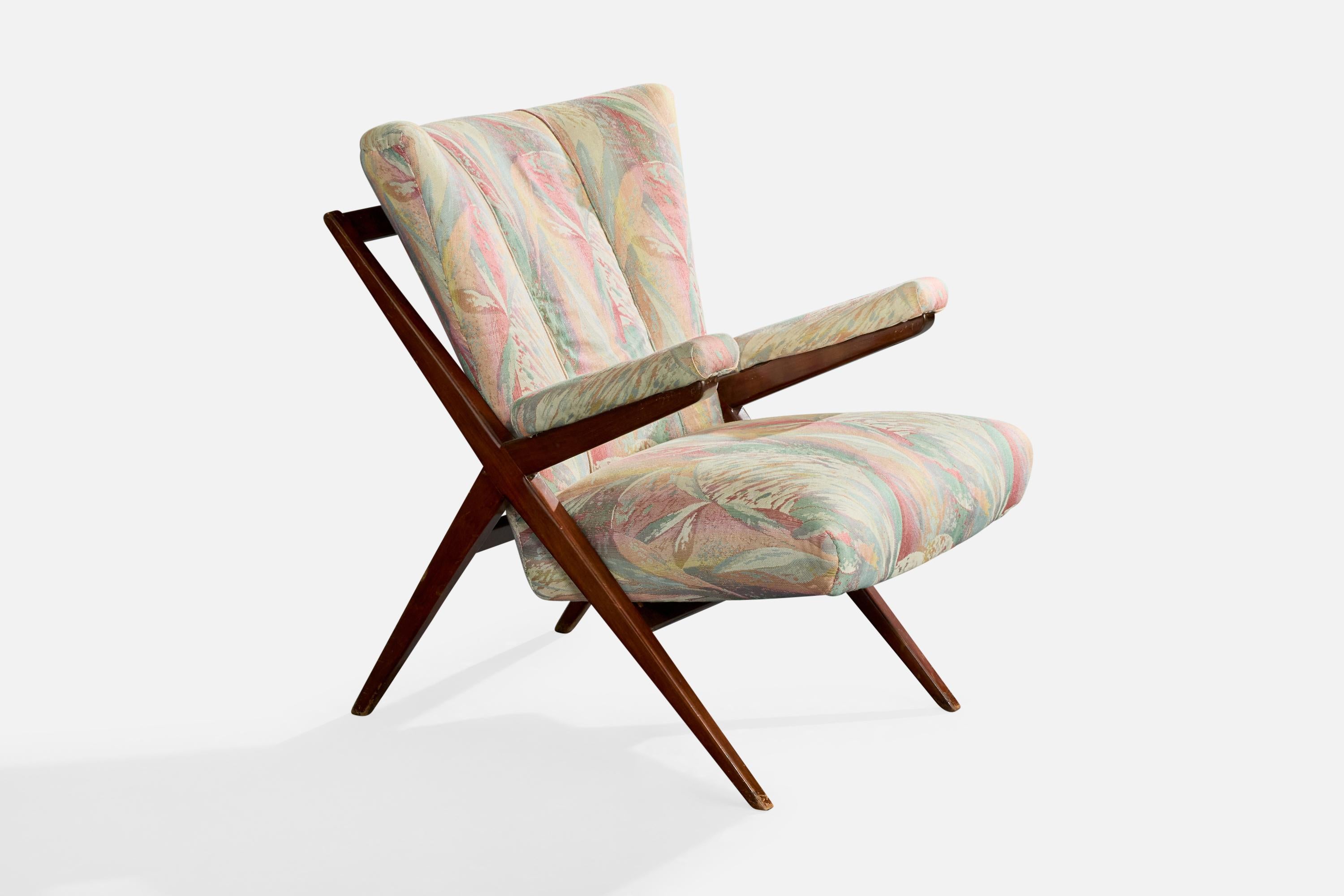 Chaise longue en bois et en tissu, modèle 432, conçue par Fabrice I/One et produite par Cassina, Italie, vers les années 1950.

Plusieurs imperfections mineures sur le cadre en bois.

Tissu vintage idéalement retapissé.

Dimensions globales (pouces)