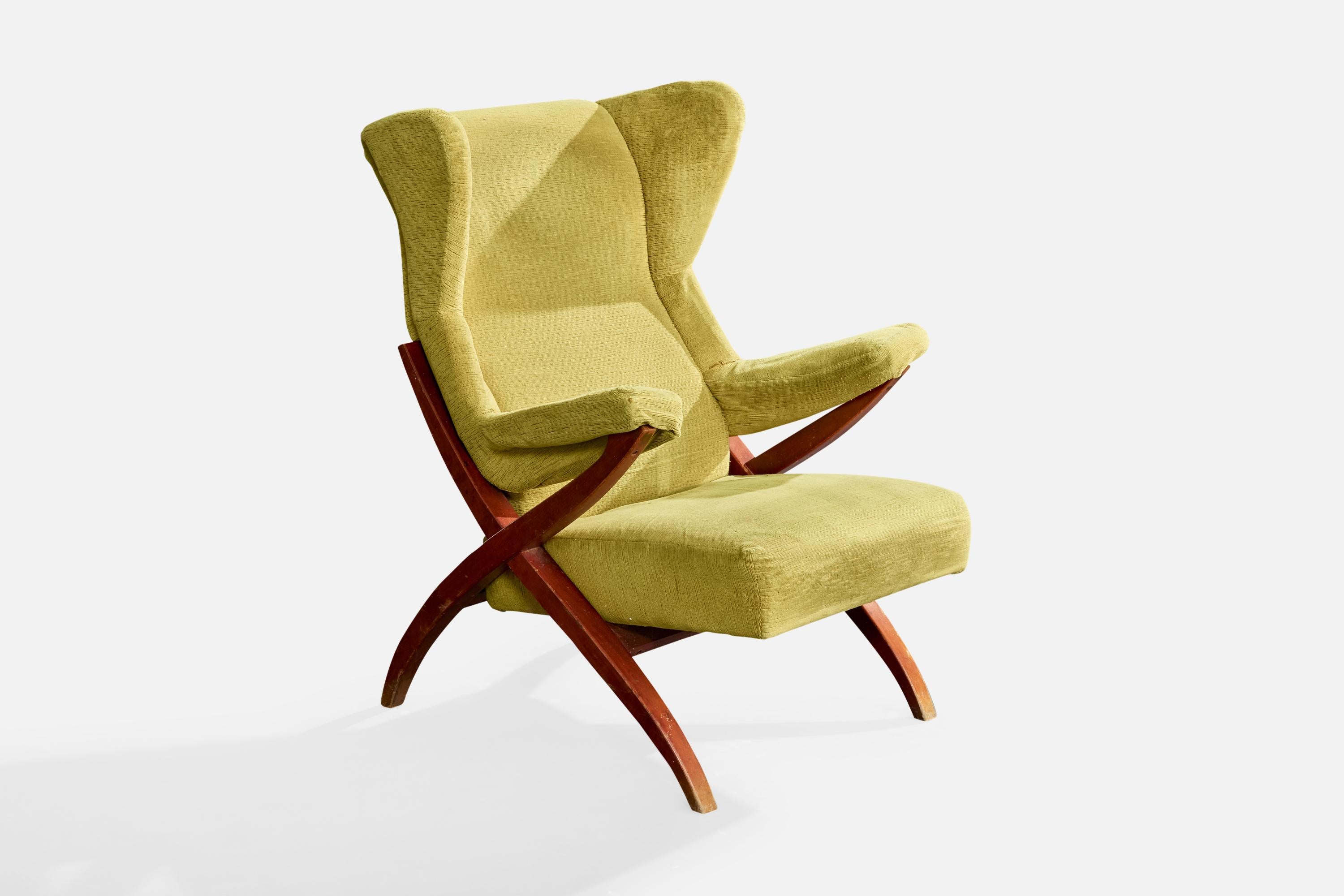 Sessel aus grünem Samt und Holz, Modell Fiorenza, entworfen von Franco Albini und hergestellt von Arflex, Italien, ca. 1950er Jahre.

Verformte seitliche Kopfstützen.

Erhebliche Abnutzungserscheinungen (ausfransender Stoff und Flecken).

Einige