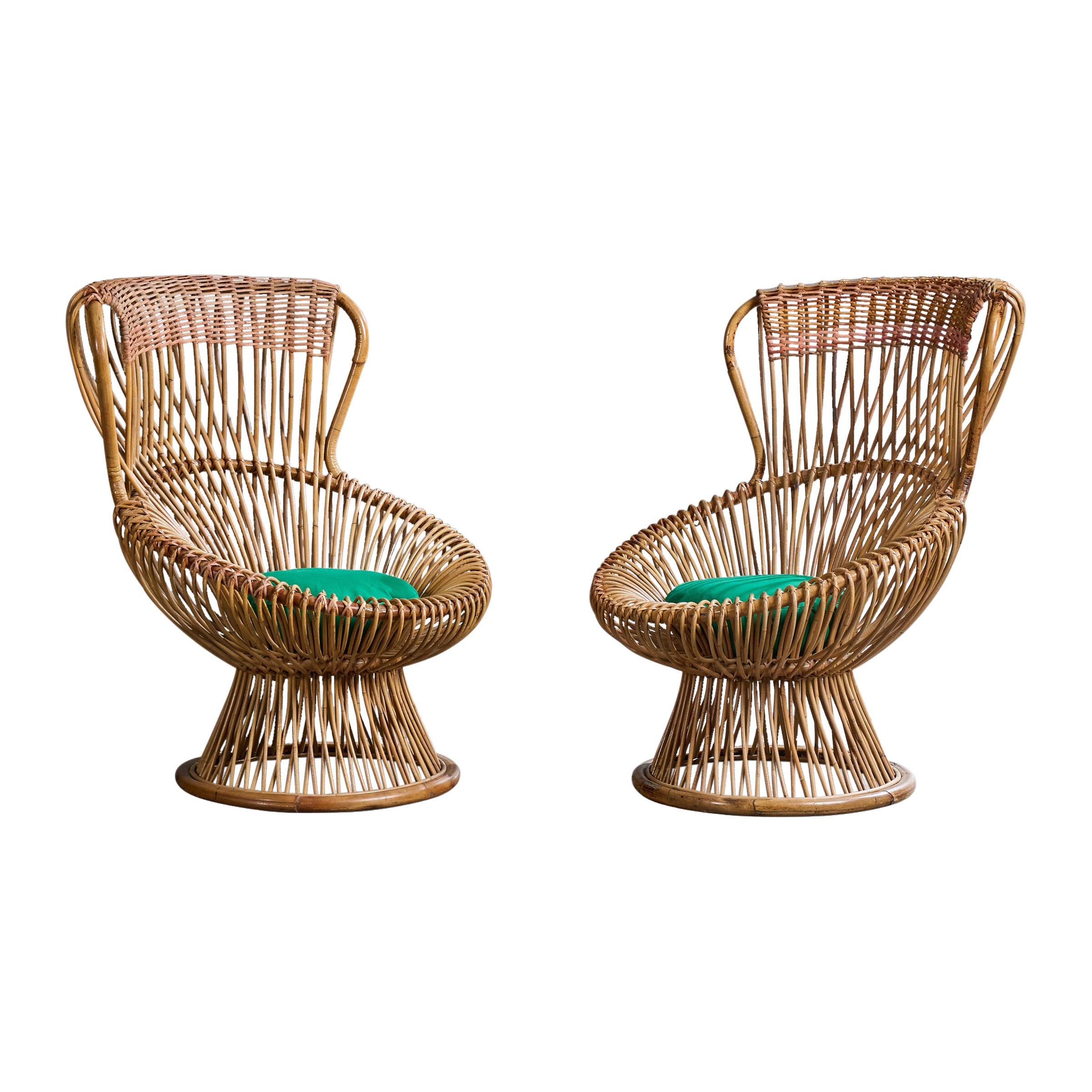 Franco Albini, fauteuils de salon, bambou, rotin, tissu, Italie, années 1960