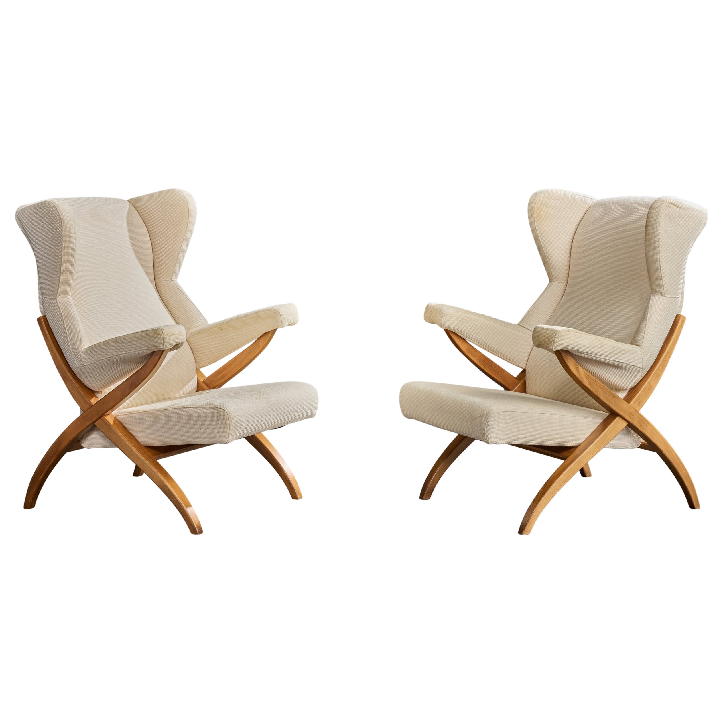 Franco Albini, Lounge Chairs, Wood, Fabric, Italy, 1980s