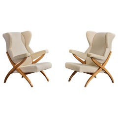 Franco Albini, Lounge-Stühle, Holz, Stoff, Italien, 1980er