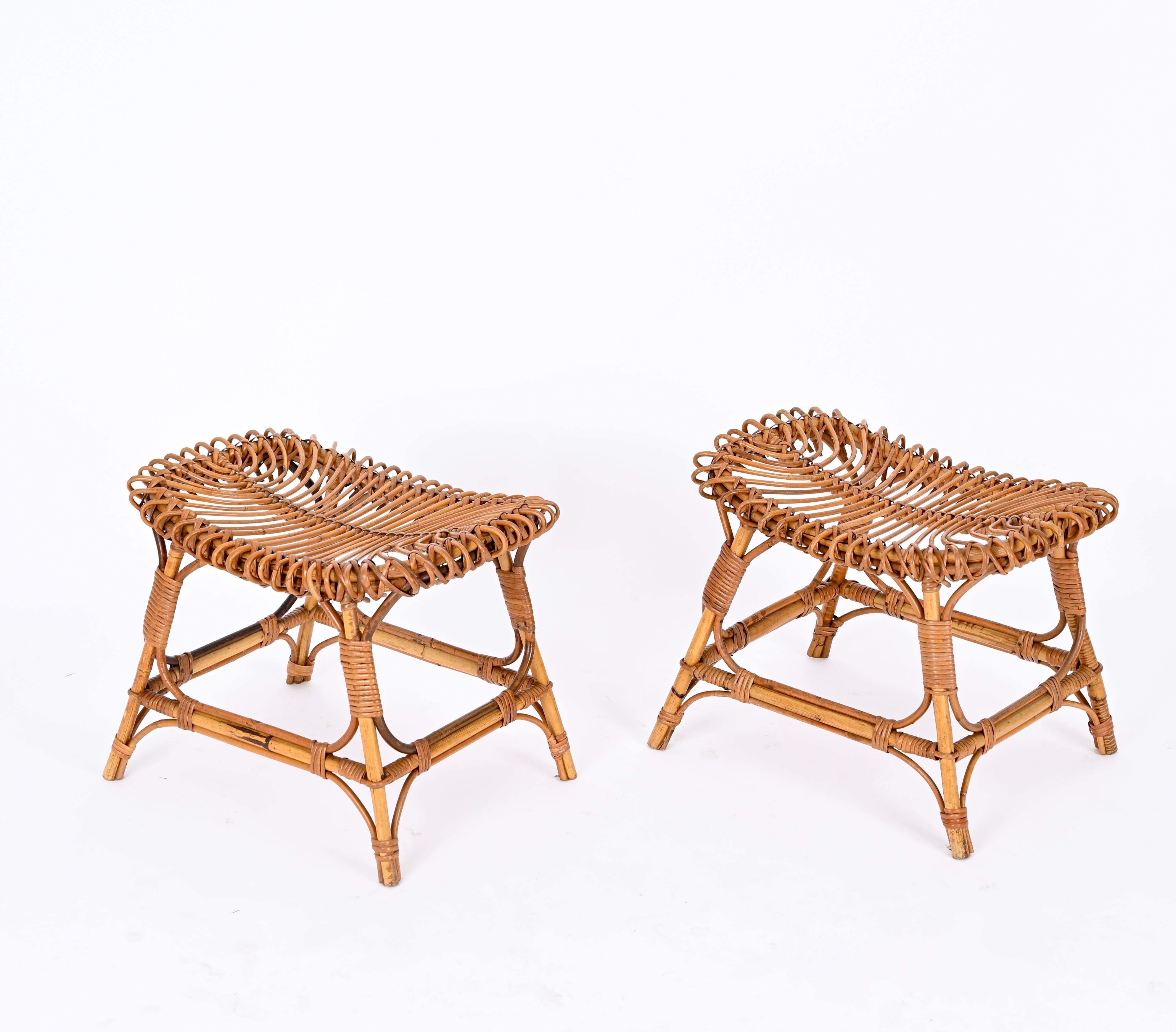 Hand-Crafted Franco Albini Mid-Century Rattan, Bamboo and Wicker, Pouf, Ottoman, Italy 1960s For Sale