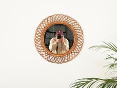 Franco Albini Mid-Century Round Mirror in Rattan and Wicker, Italy 1970s
