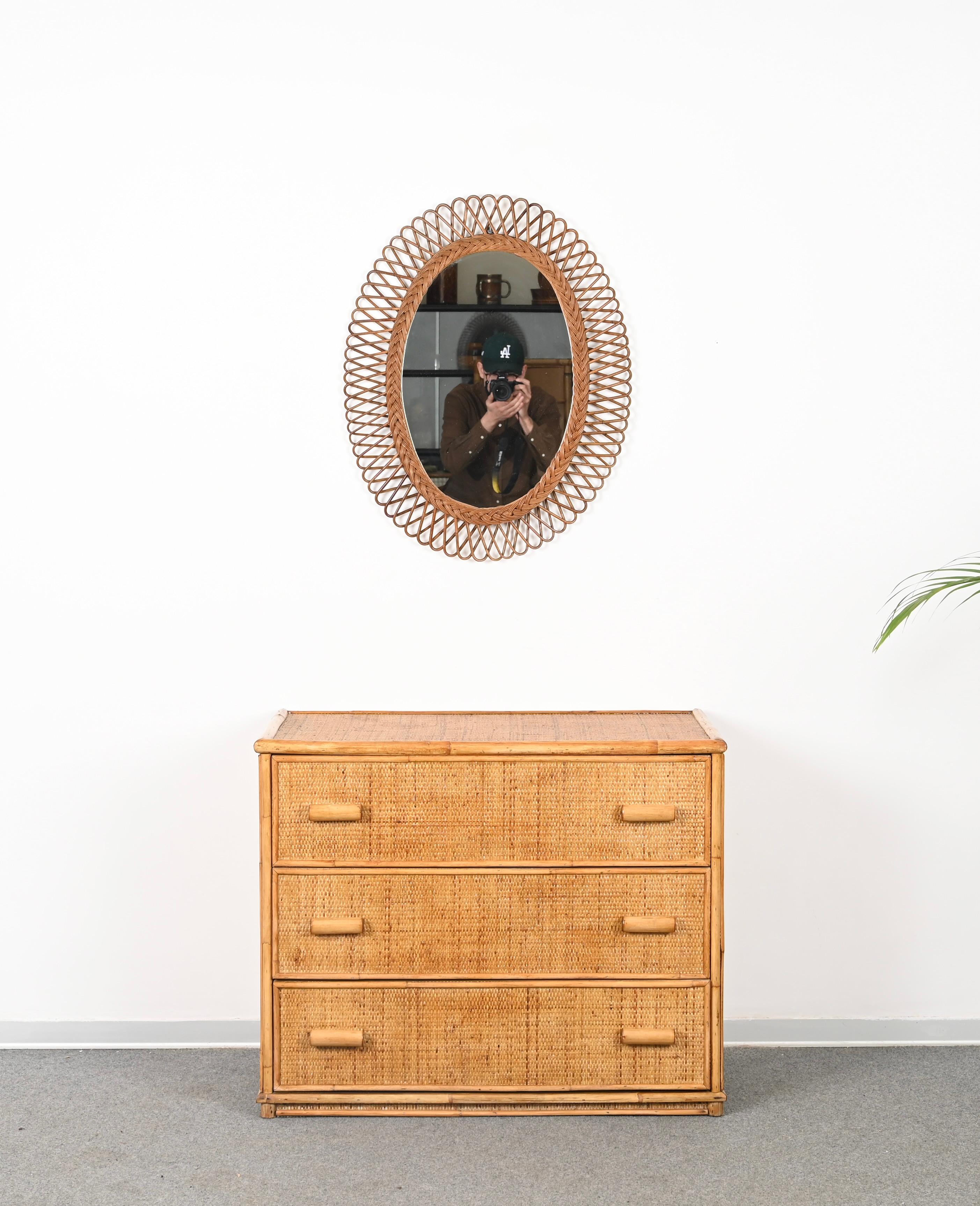 Franco Albini Midcentury  Bamboo, Rattan and Wicker Oval Mirror,  Italy 1970s For Sale 4