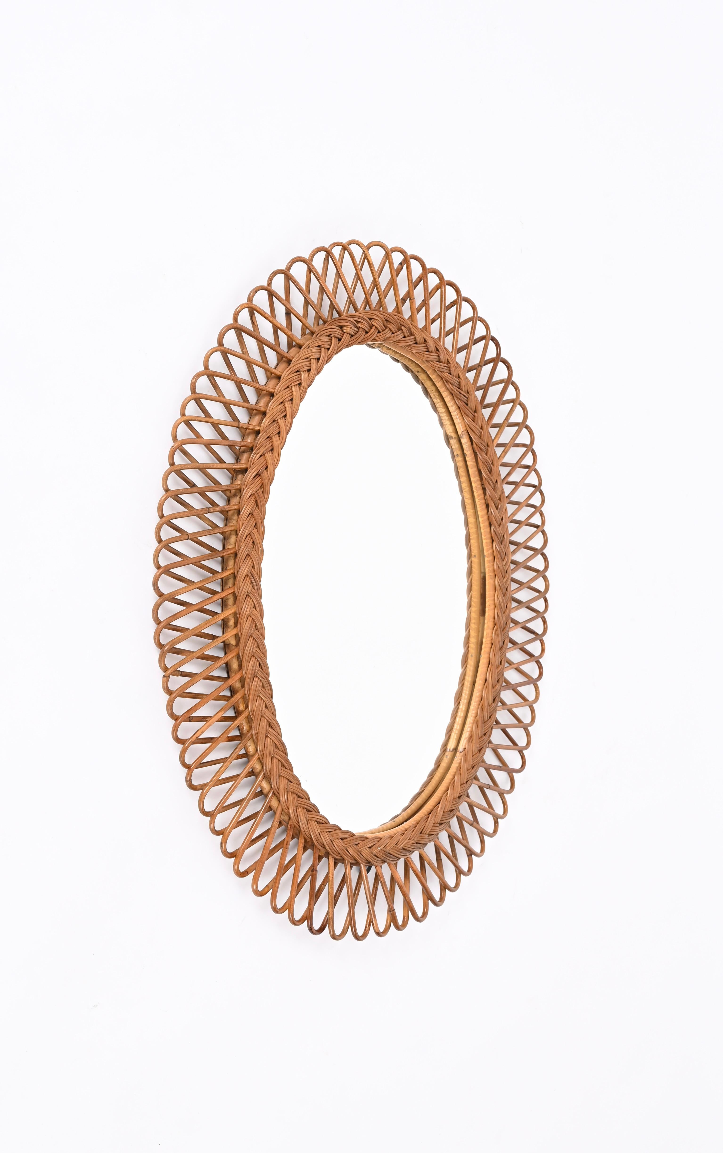 Franco Albini Midcentury  Bamboo, Rattan and Wicker Oval Mirror,  Italy 1970s For Sale 7