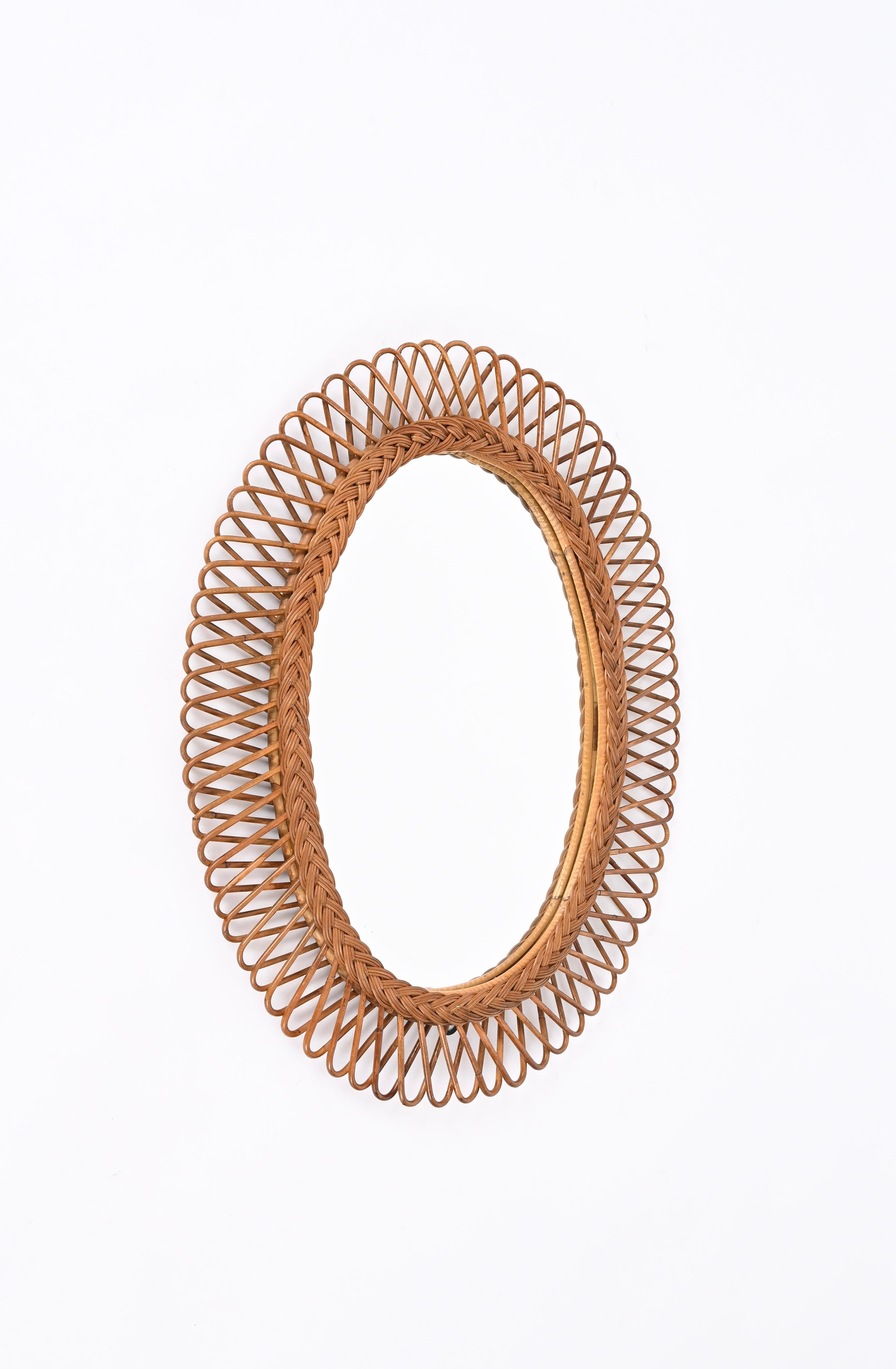 Franco Albini Midcentury  Bamboo, Rattan and Wicker Oval Mirror,  Italy 1970s For Sale 8