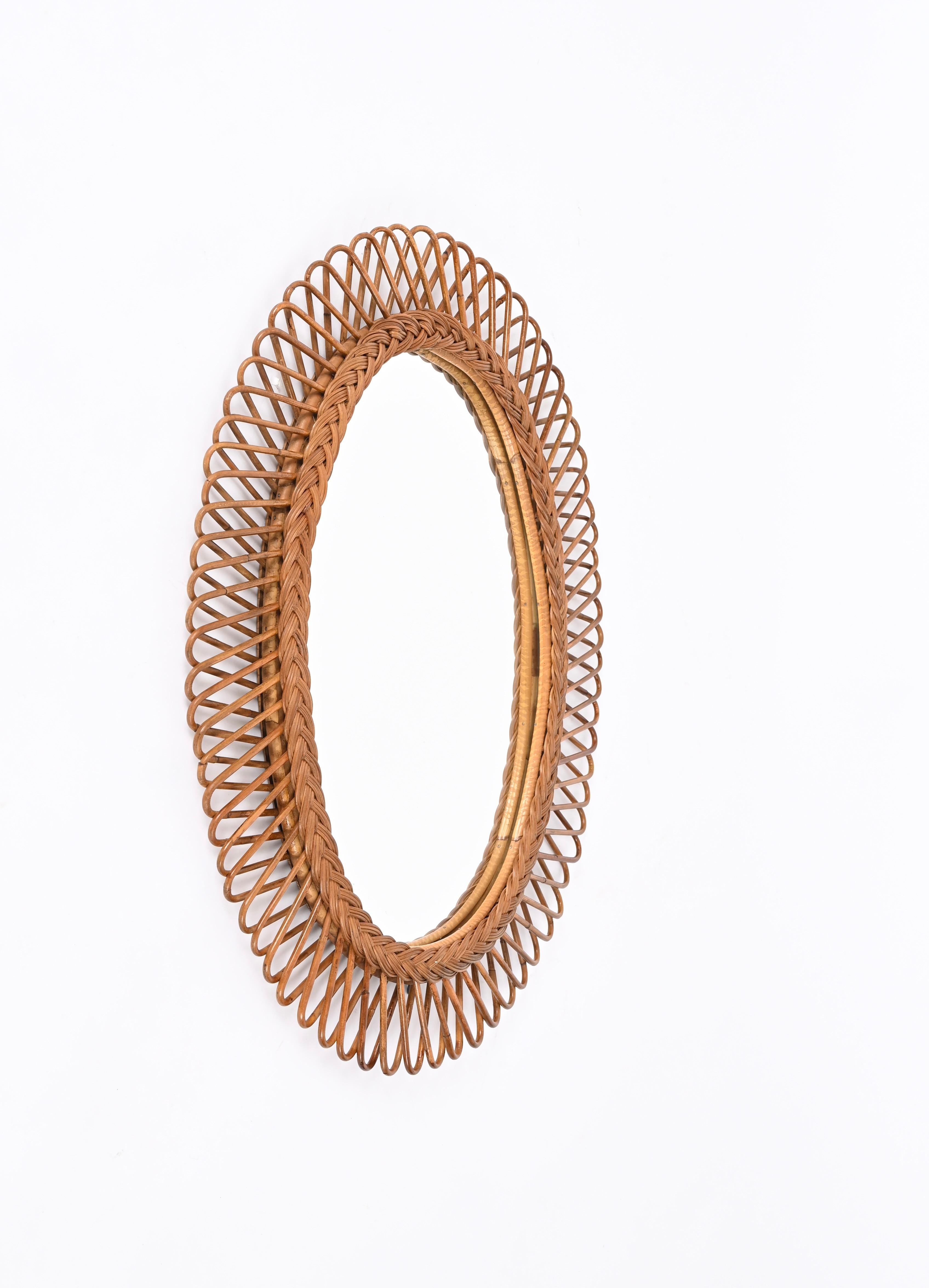 Mid-Century Modern Franco Albini Midcentury  Bamboo, Rattan and Wicker Oval Mirror,  Italy 1970s For Sale