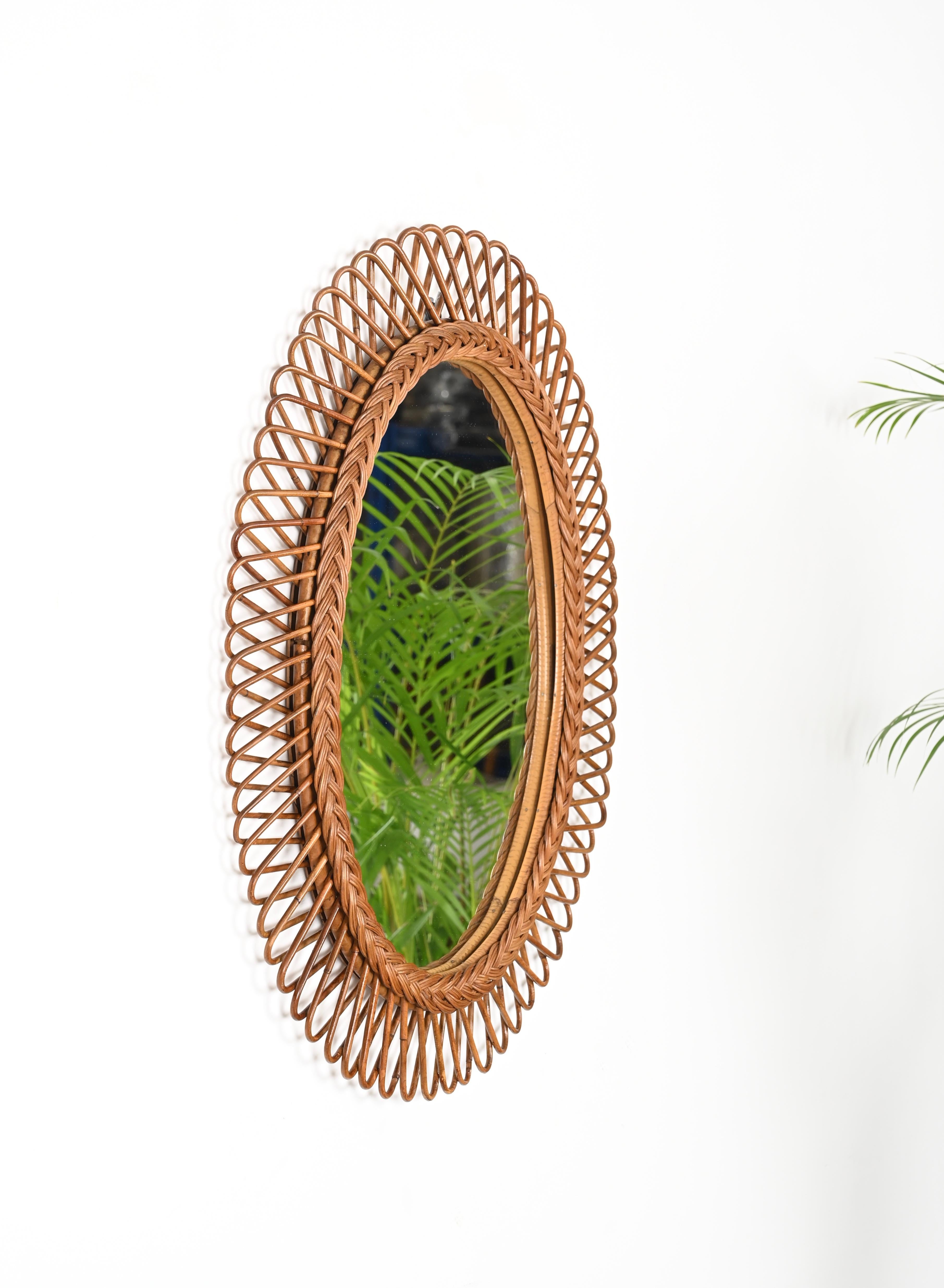 Mid-20th Century Franco Albini Midcentury  Bamboo, Rattan and Wicker Oval Mirror,  Italy 1970s For Sale