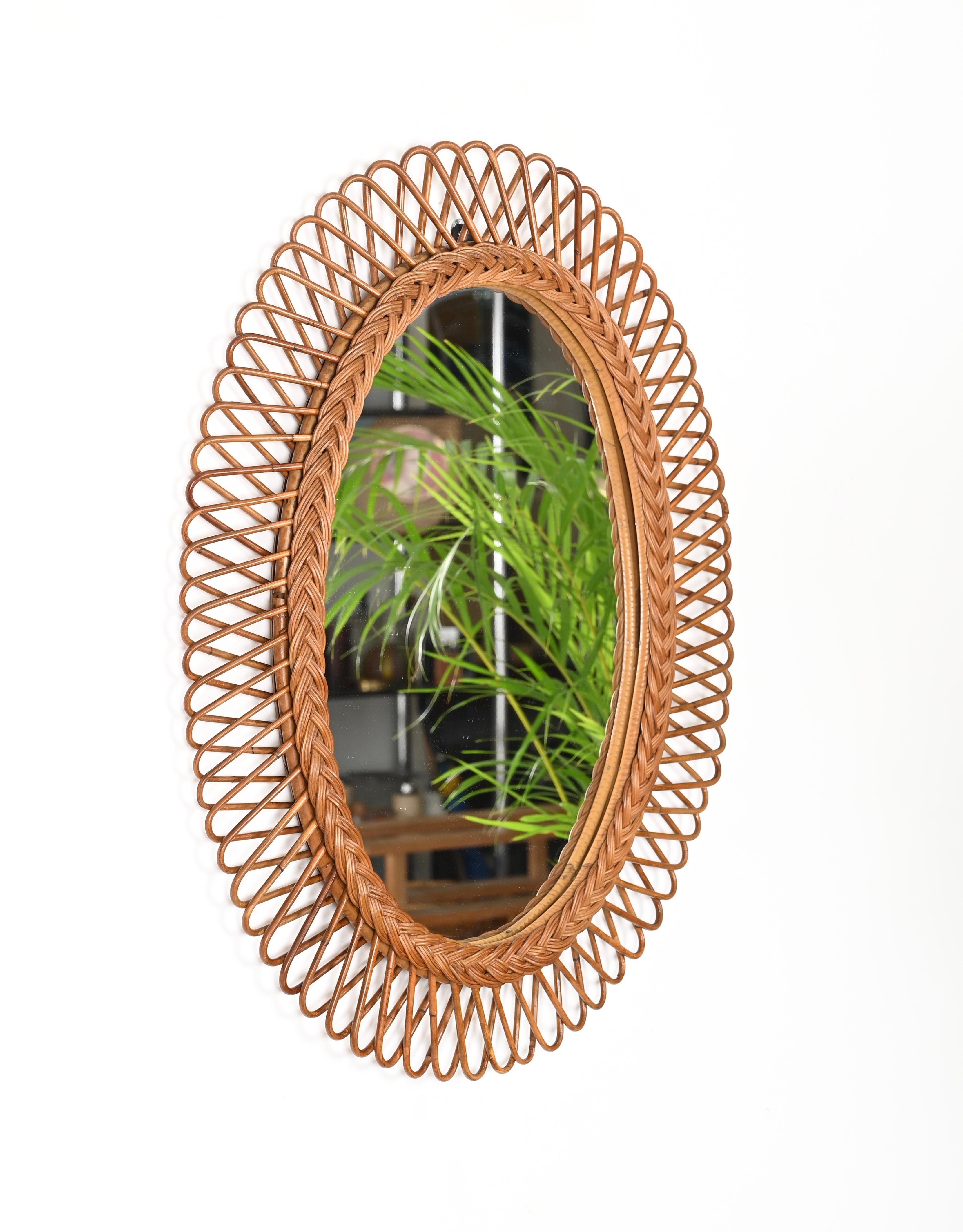 Franco Albini Midcentury  Bamboo, Rattan and Wicker Oval Mirror,  Italy 1970s For Sale 1