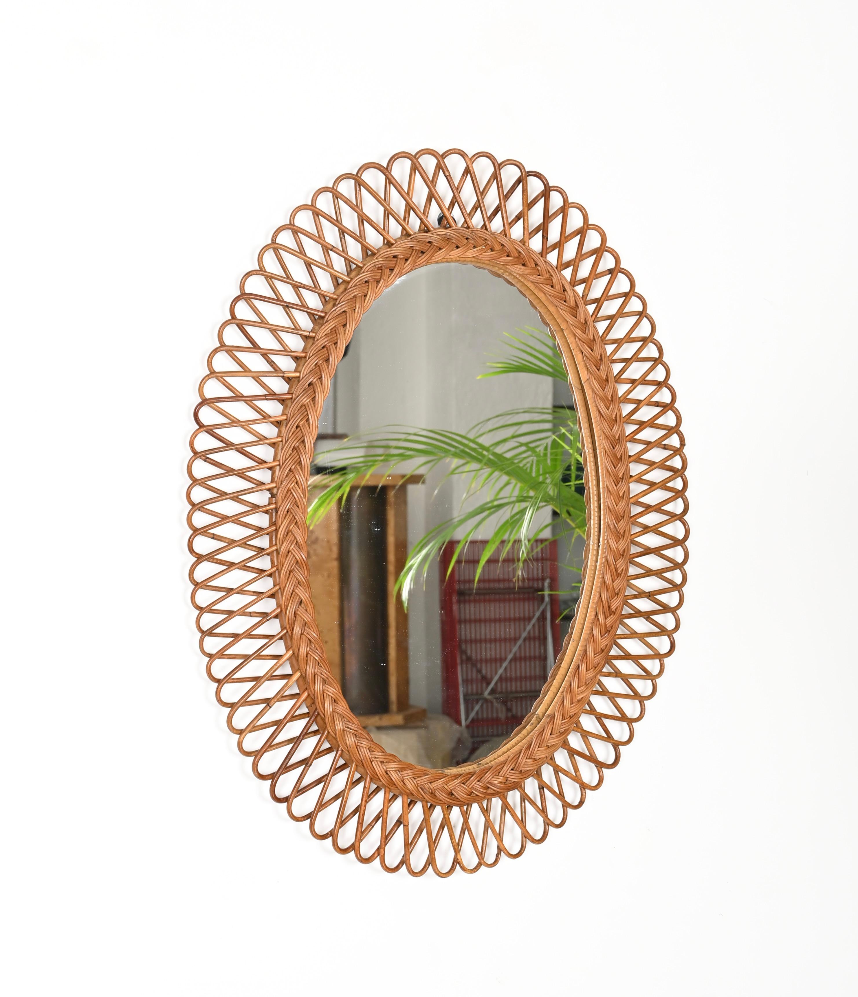 Franco Albini Midcentury  Bamboo, Rattan and Wicker Oval Mirror,  Italy 1970s For Sale 3