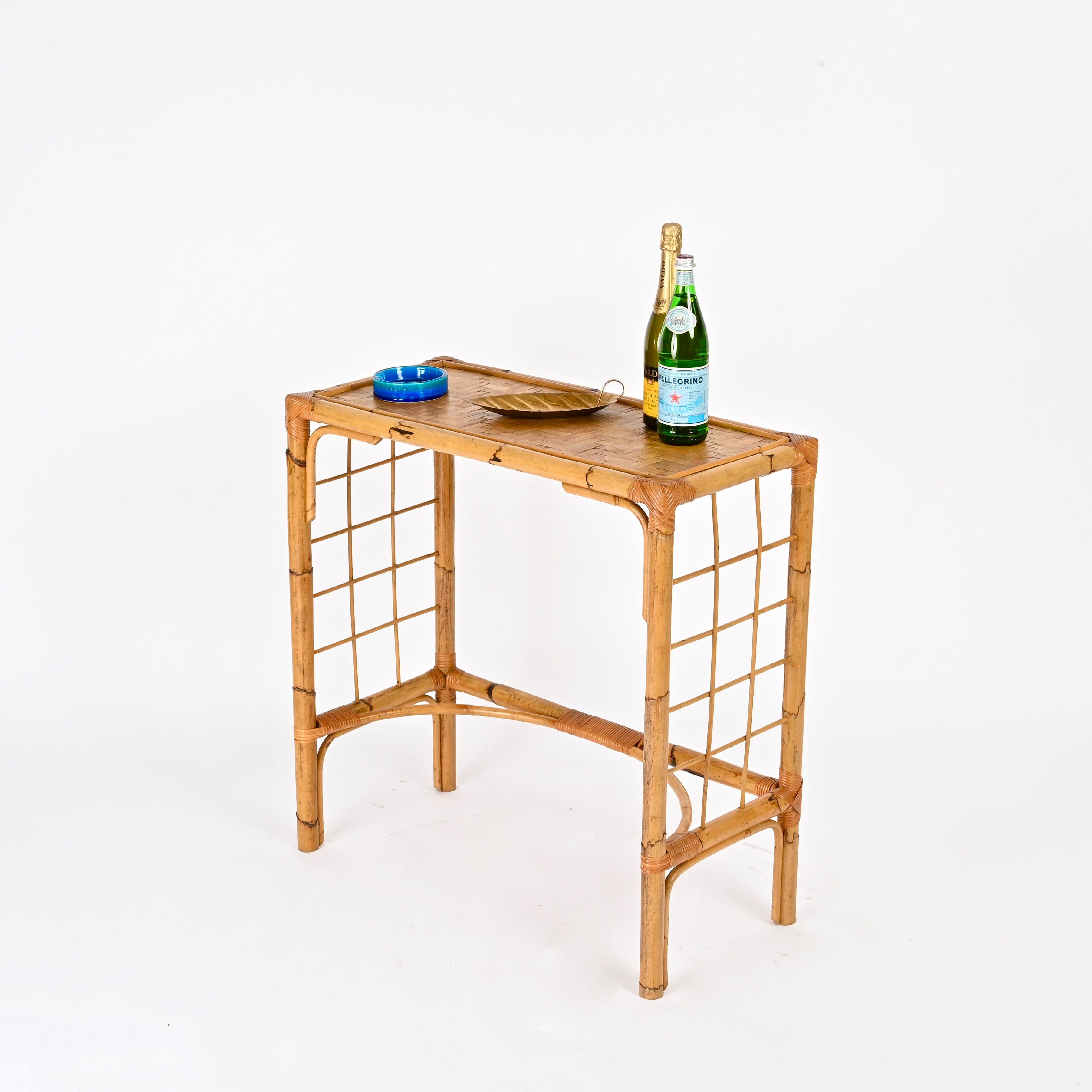 Hand-Crafted Franco Albini Midcentury Console Table in Bamboo, Rattan and Wicker, Italy 1970s For Sale