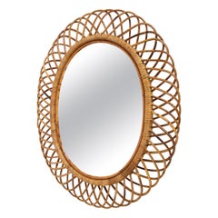 Vintage Franco Albini Midcentury Curved Rattan and Bamboo Italian Oval Mirror, 1960s