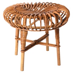 Vintage Franco Albini Midcentury Rattan and Bamboo Italian Ottoman Stool, Italy, 1960s